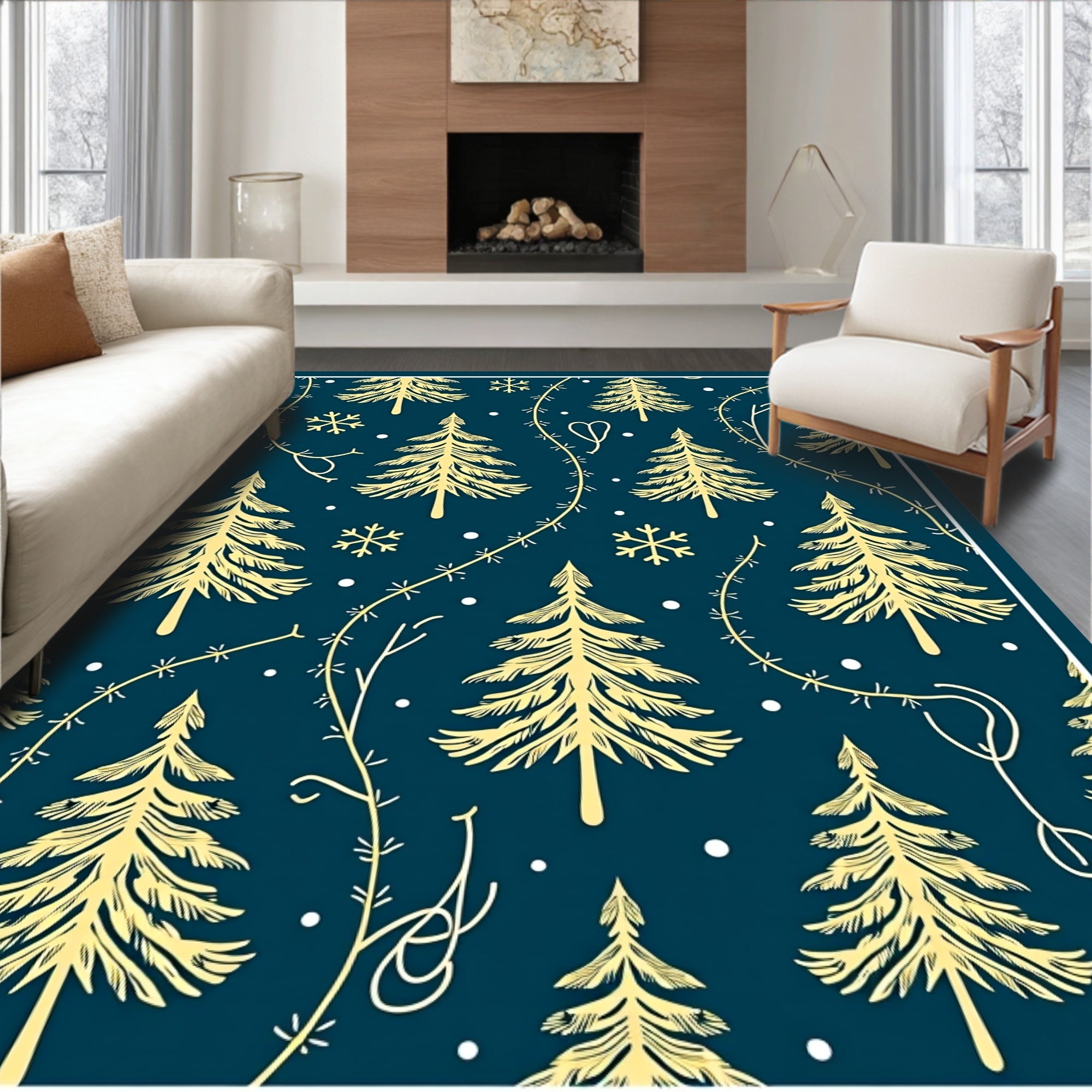 Golden Pine and Snowflake Navy Rug