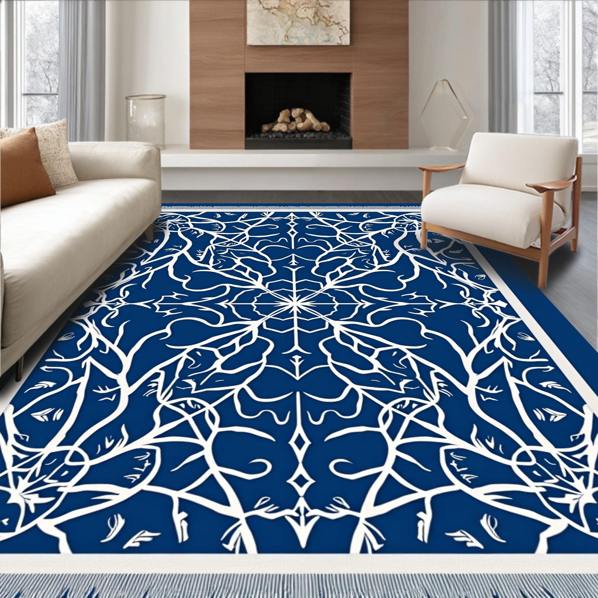 Deep Blue White Intricate Floral Medallion Rug