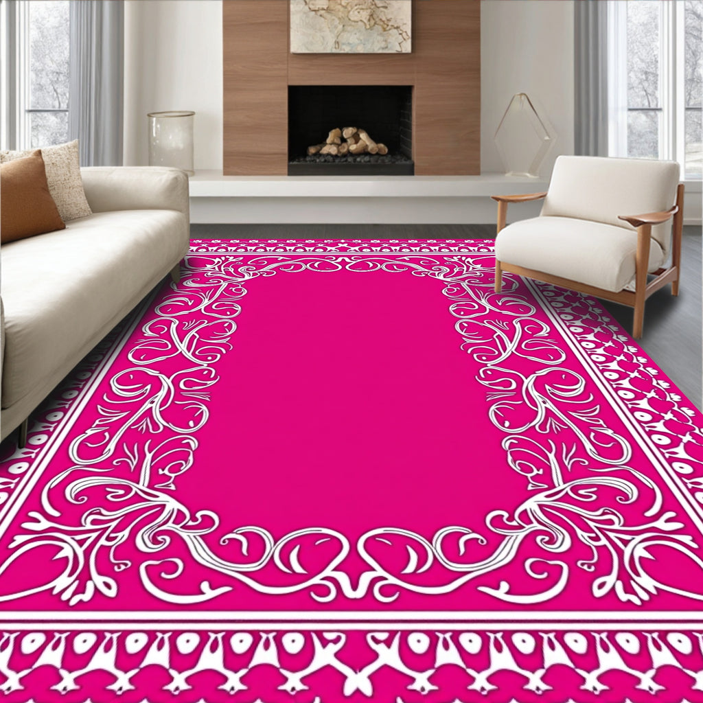 Vibrant Pink Floral Scroll Frame Rug