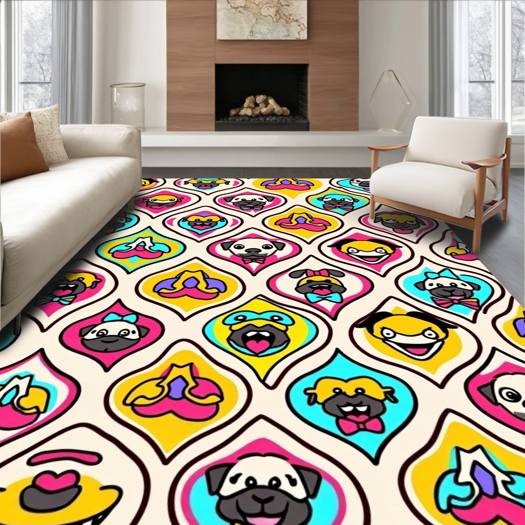Retro Pug Face Colorful Mid Century Drops Rug