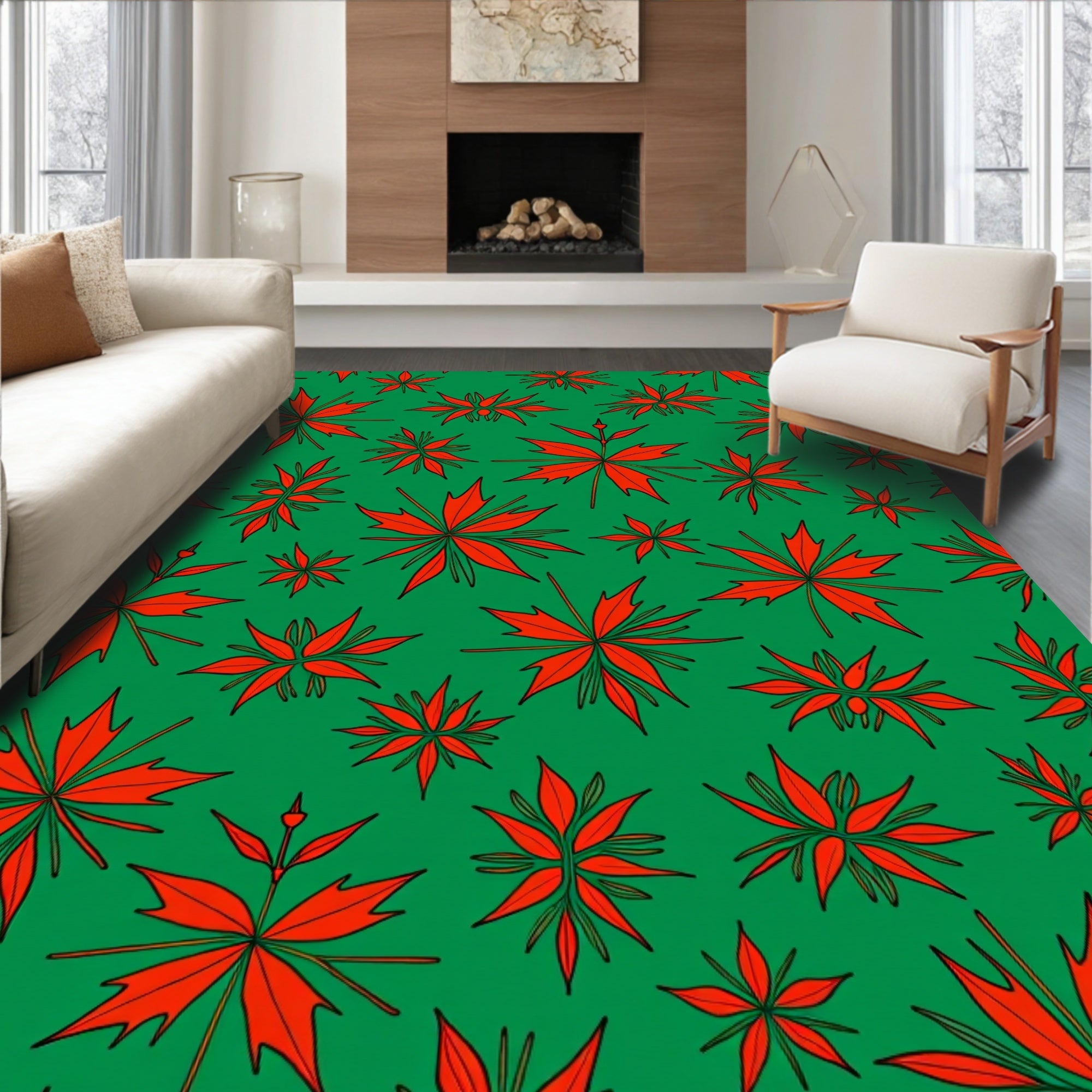 Vibrant Red Leafy Branches Rug