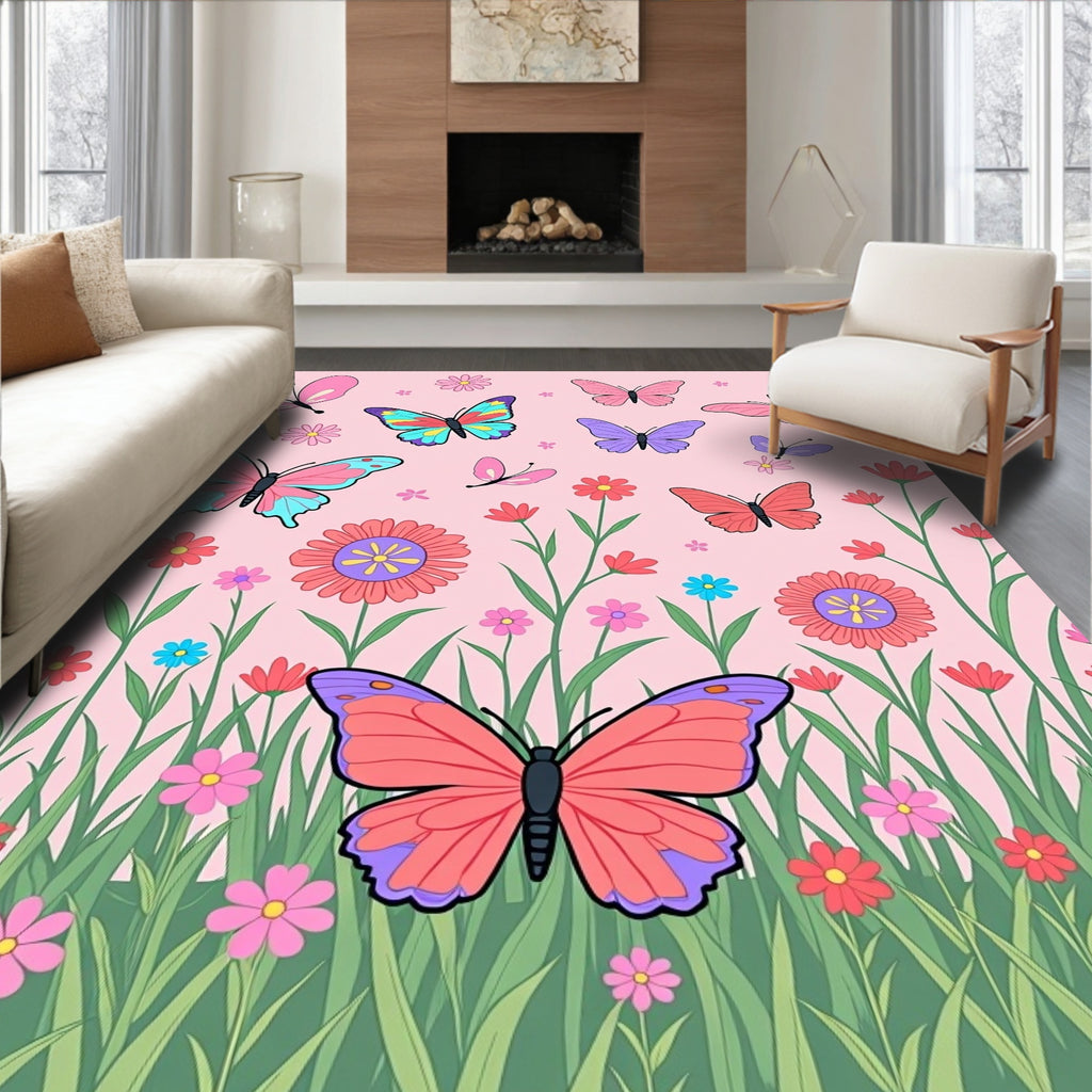Whimsical Pink Butterfly Garden Meadow Rug