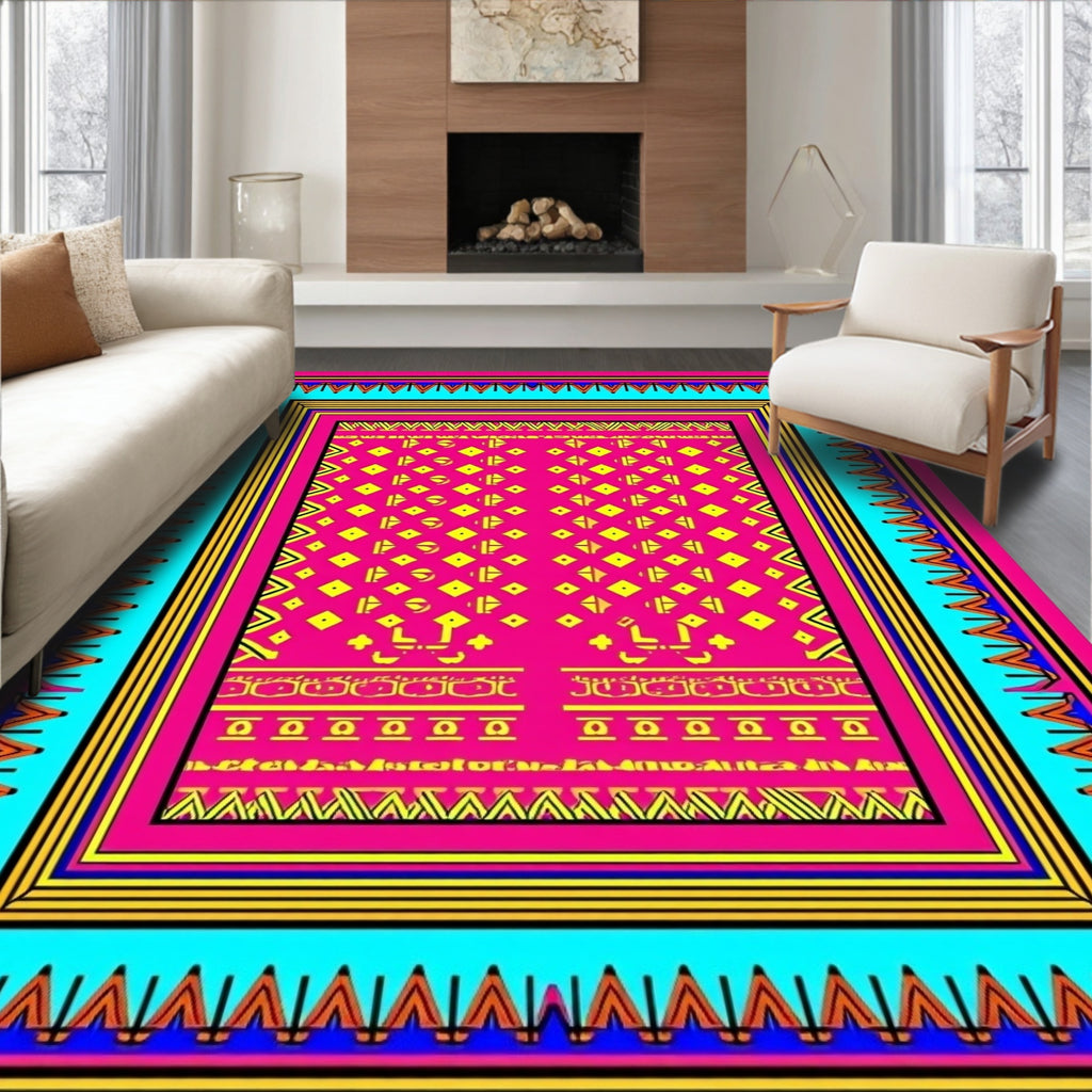 Fuchsia Yellow Geometric Tribal Border Rug