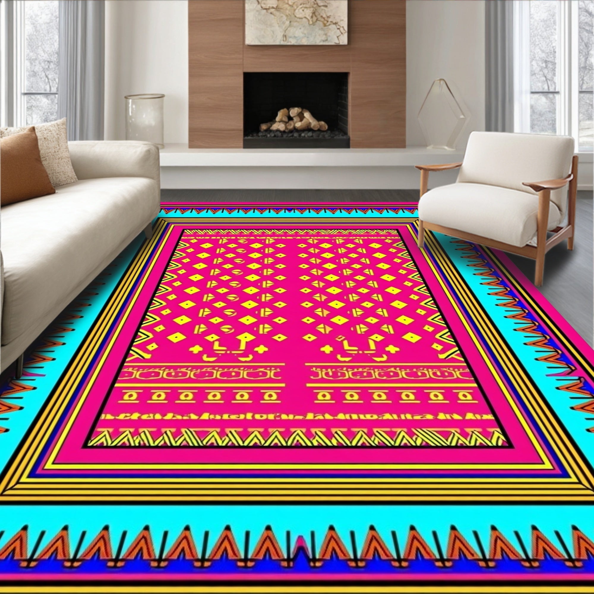 Fuchsia Yellow Geometric Tribal Border Rug