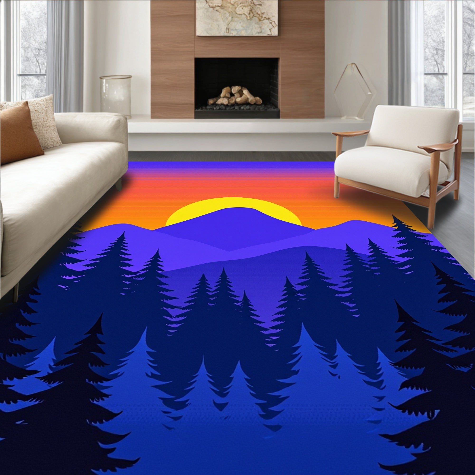 Vibrant Sunset Forest Mountain Landscape Rug
