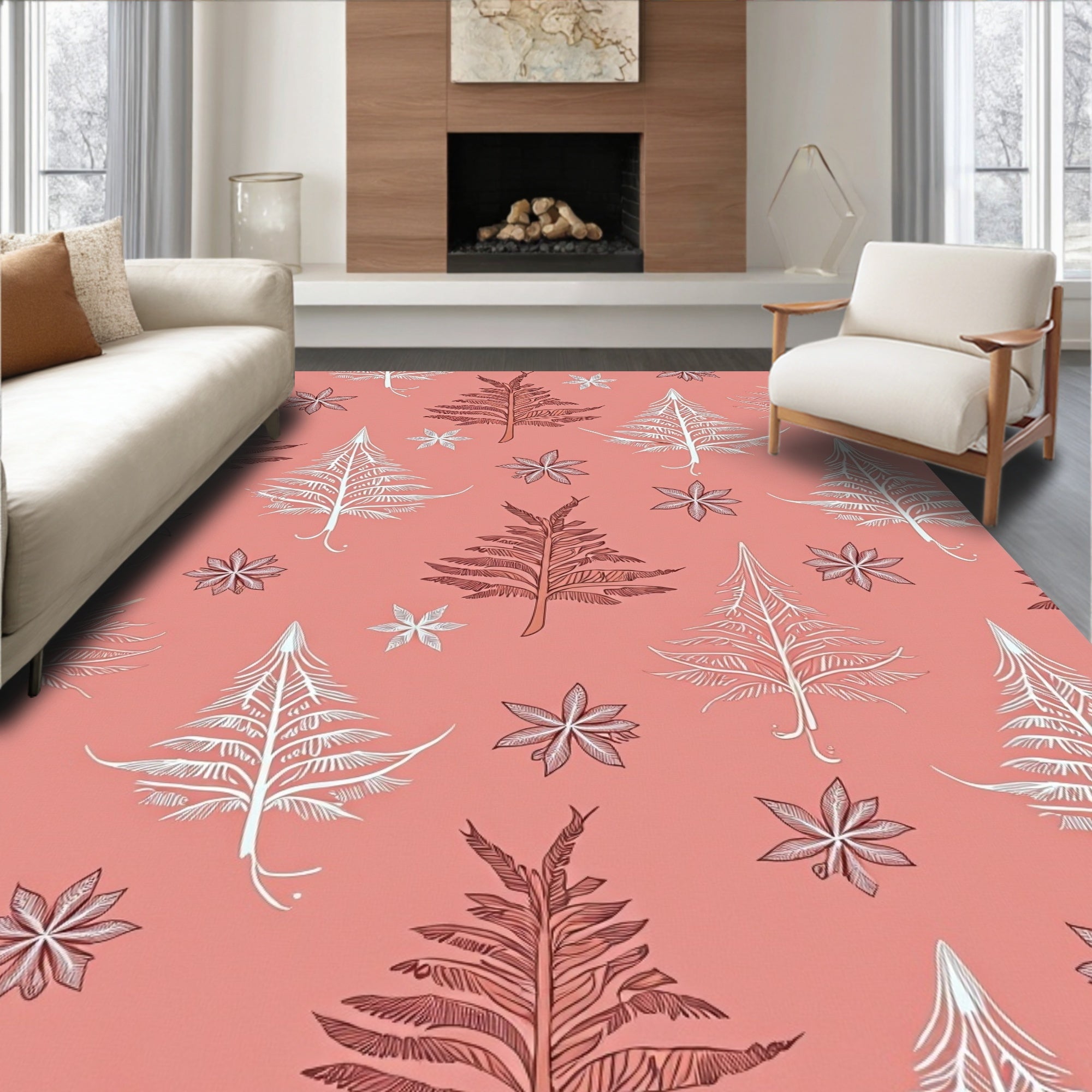 Coral White Pinecone Trees Rug