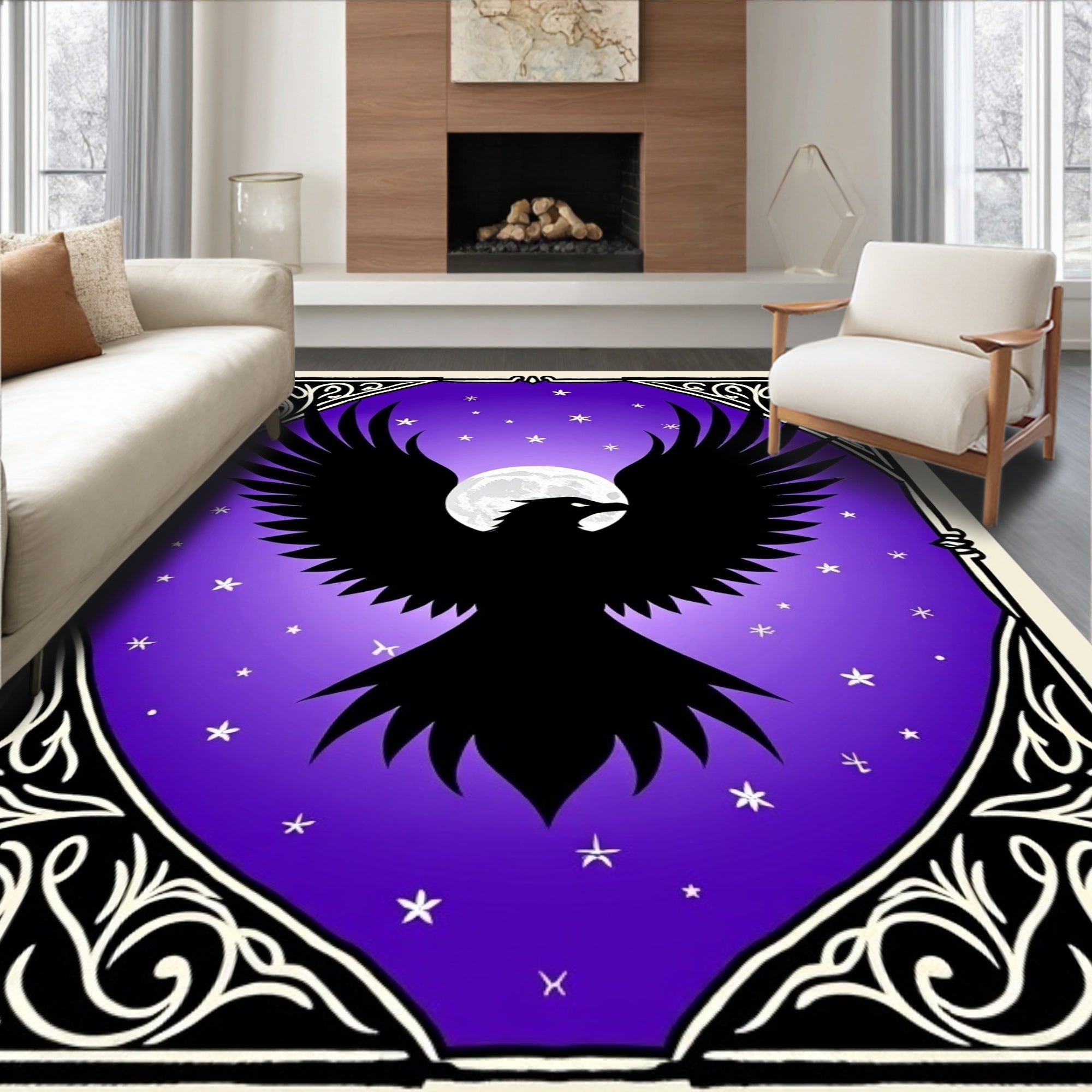 Mystic Black Raven Moonlit Sky Rug