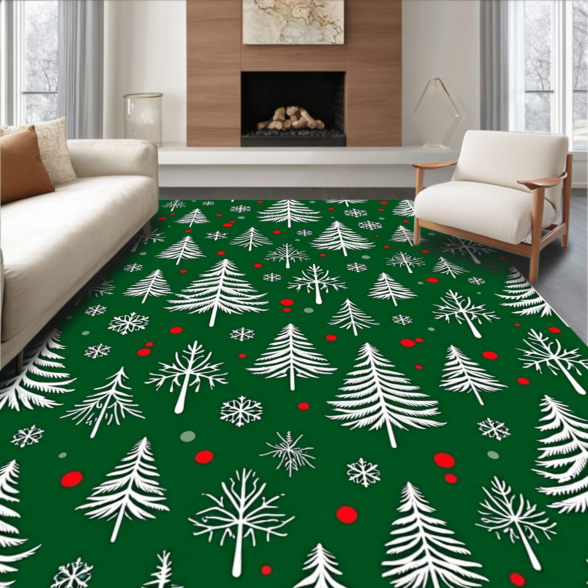 White Evergreen Snowflakes Scattered Red Dots Rug