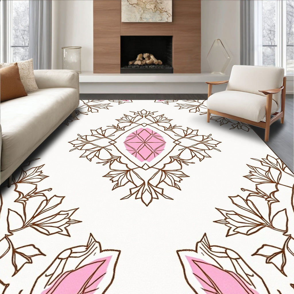 Delicate Pink Diamond Floral Outline Rug