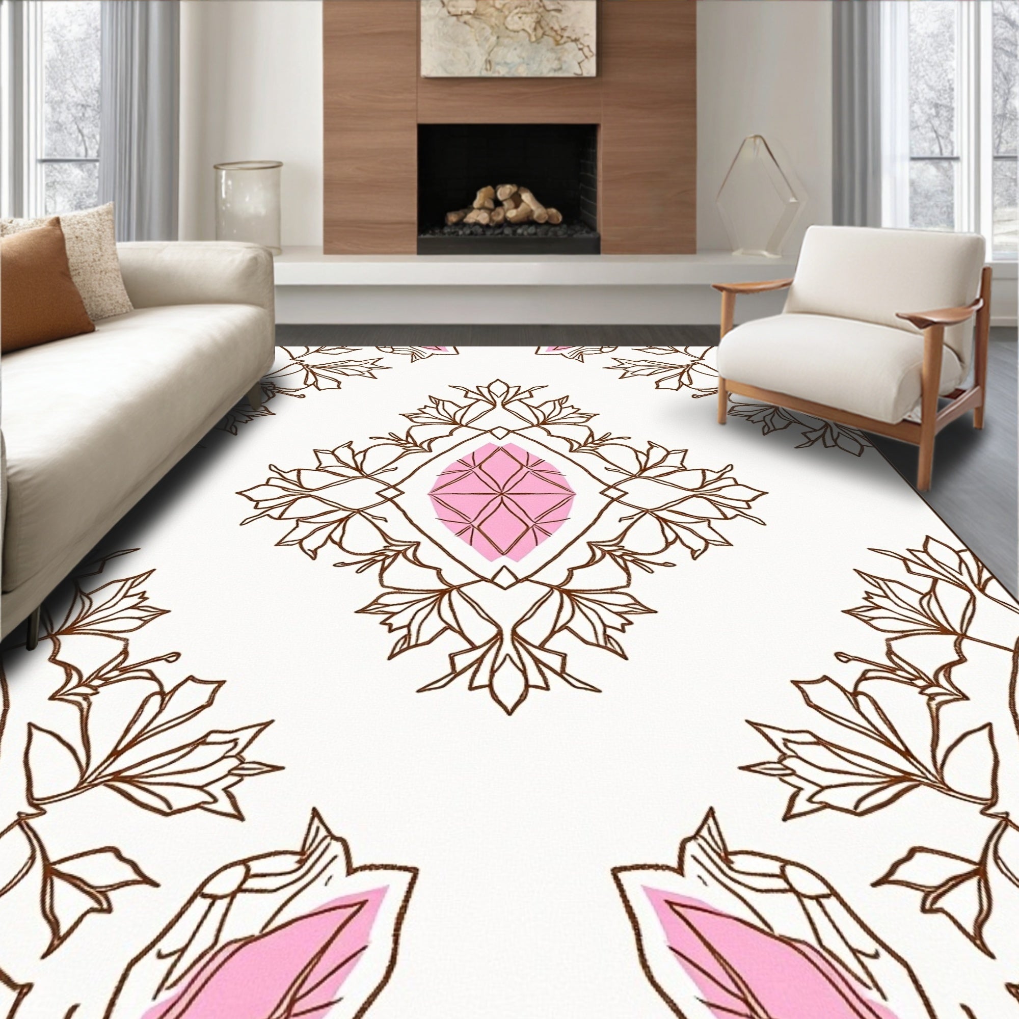 Delicate Pink Diamond Floral Outline Rug