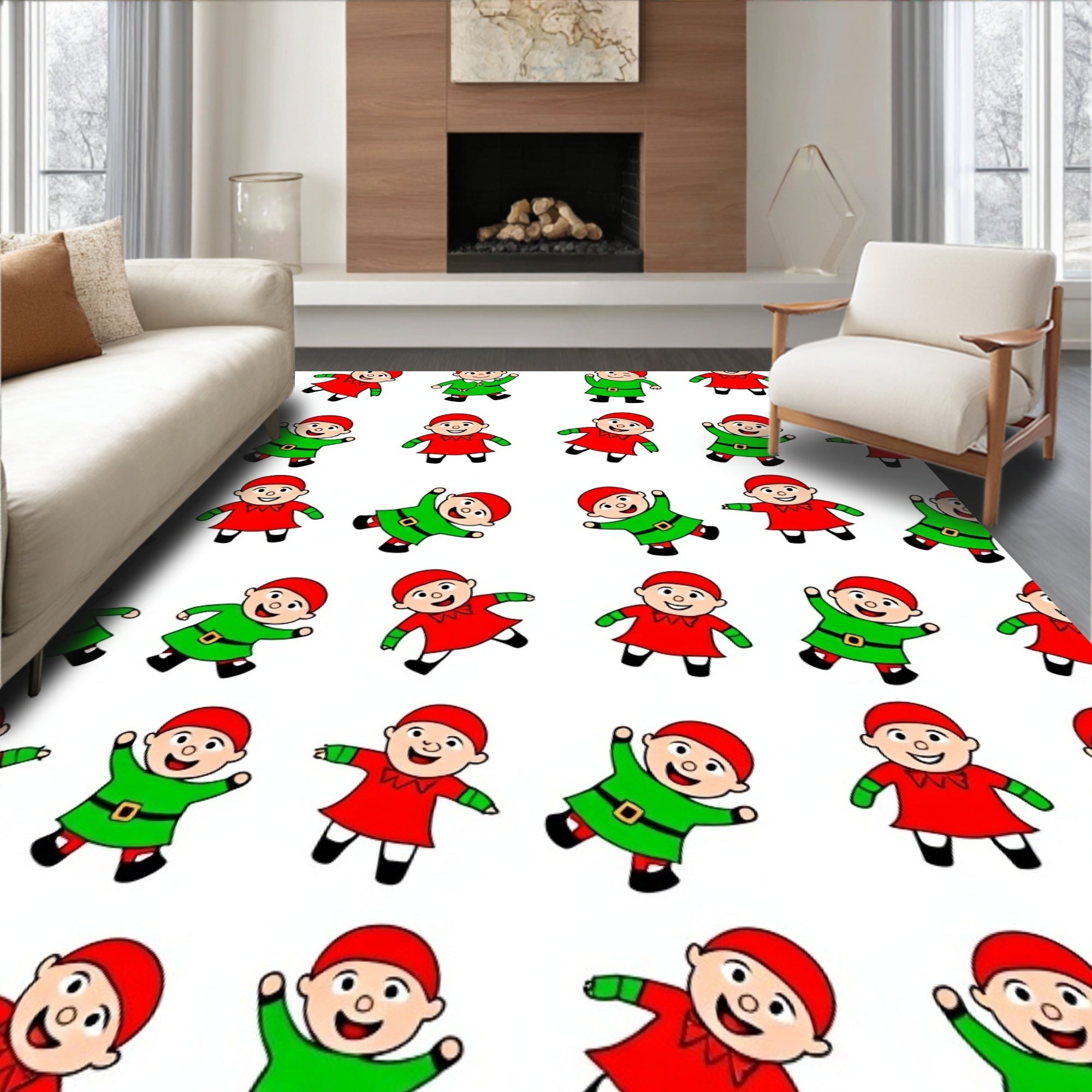 Christmas Elves Red Green Repeating Pattern Rug
