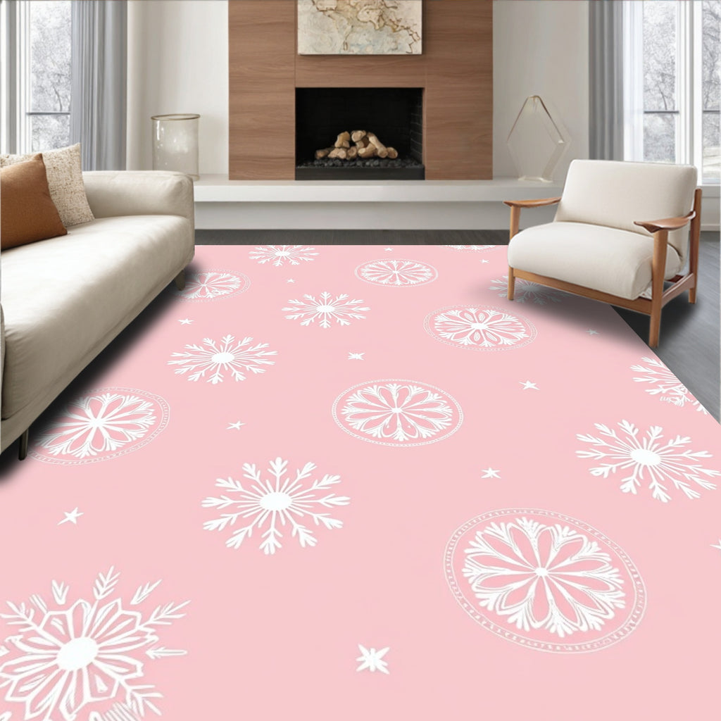 Pink White Snowflake Mandala Medallion Rug
