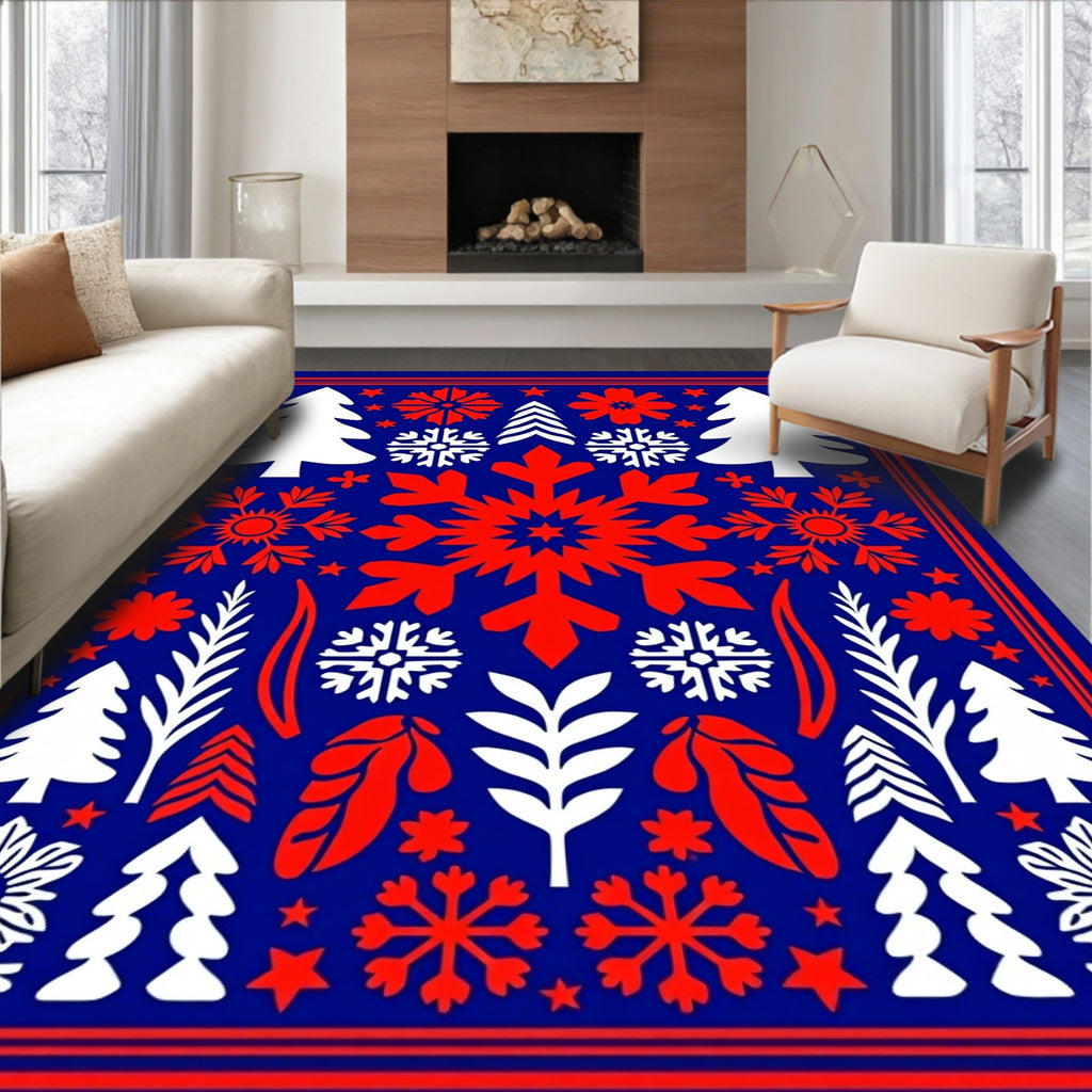 Festive Blue Red Snowflake Tree Medley Rug