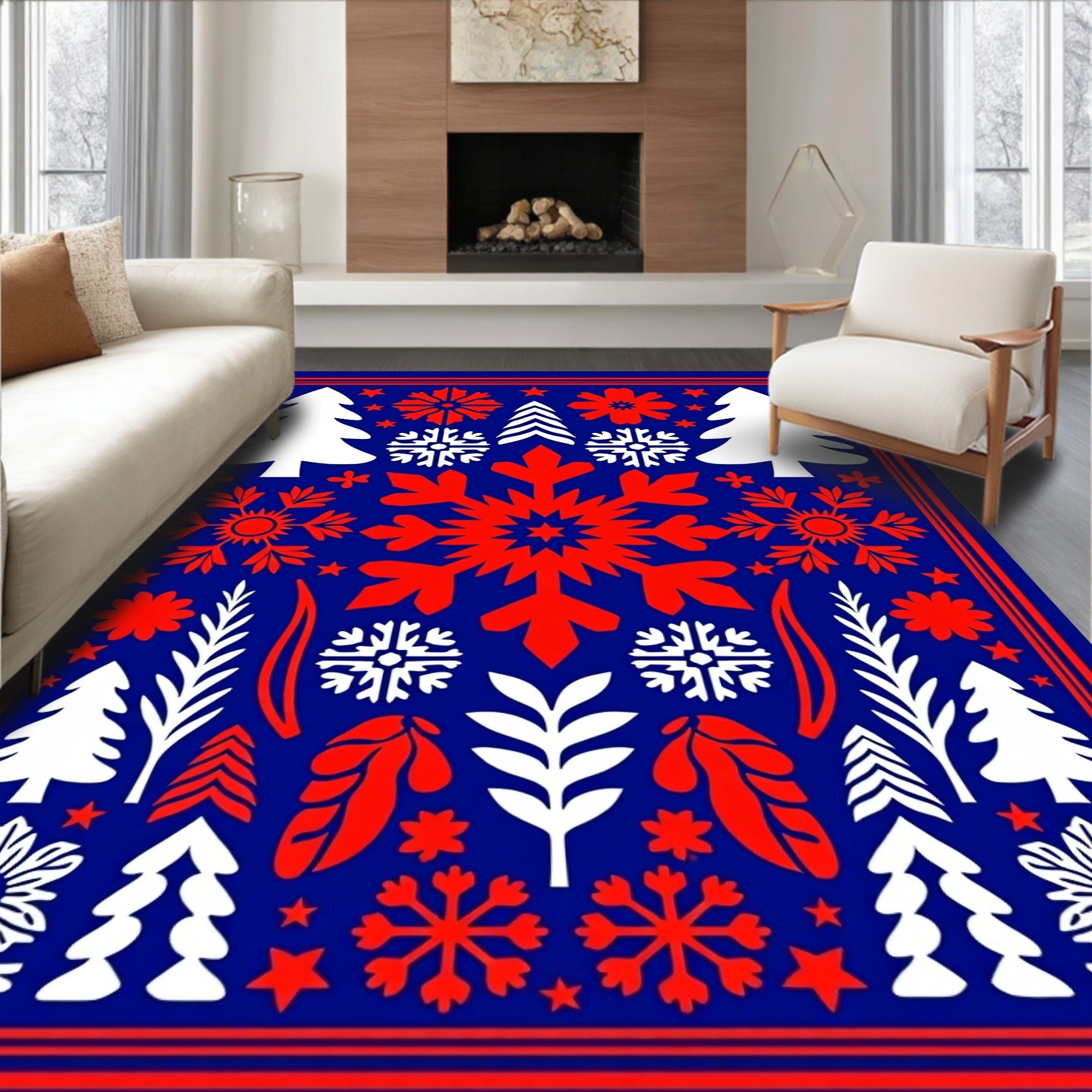 Festive Blue Red Snowflake Tree Medley Rug