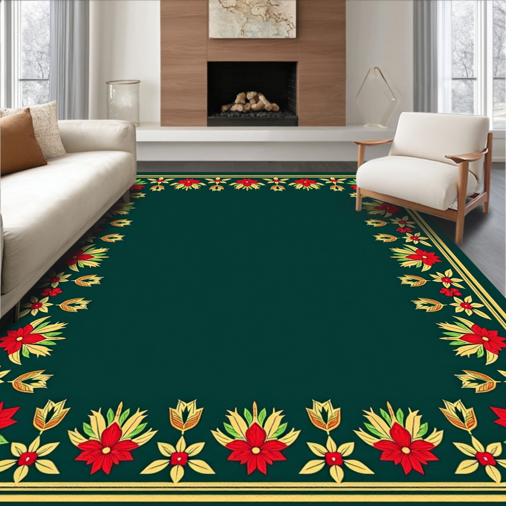 Crimson and Gold Floral Border Rug