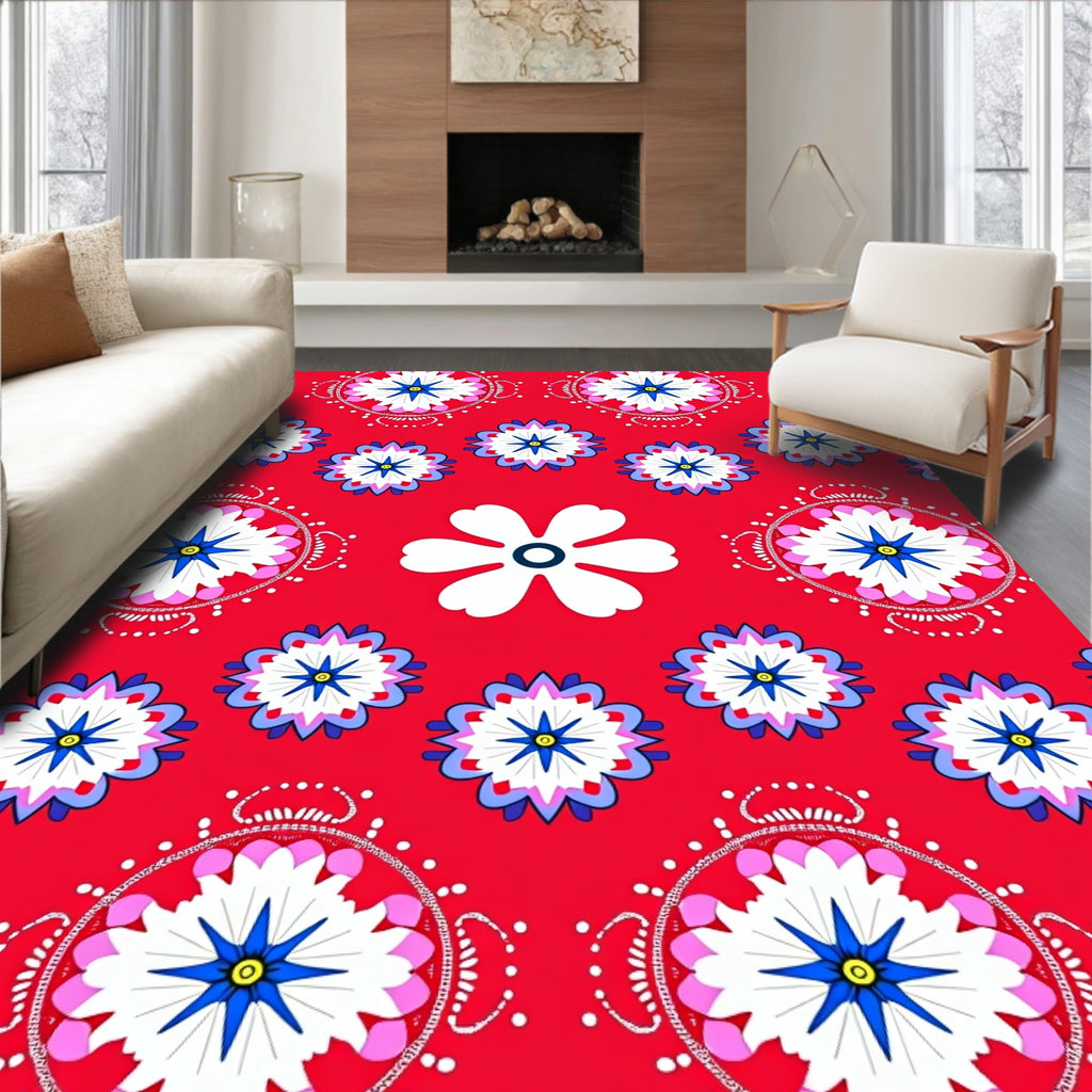 Bright Red Floral Starburst Medallion Rug