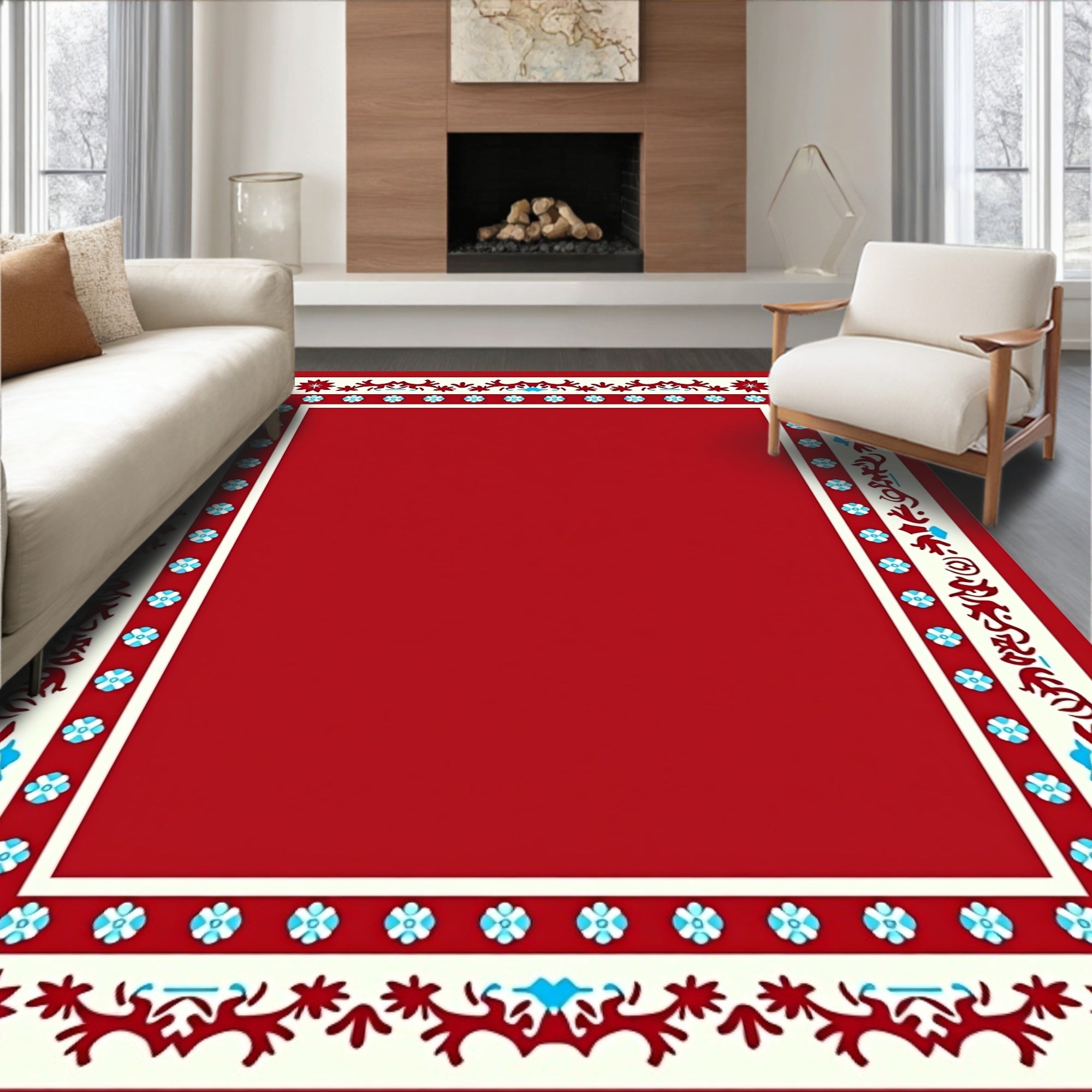 Crimson Cream Geometric Floral Border Rug