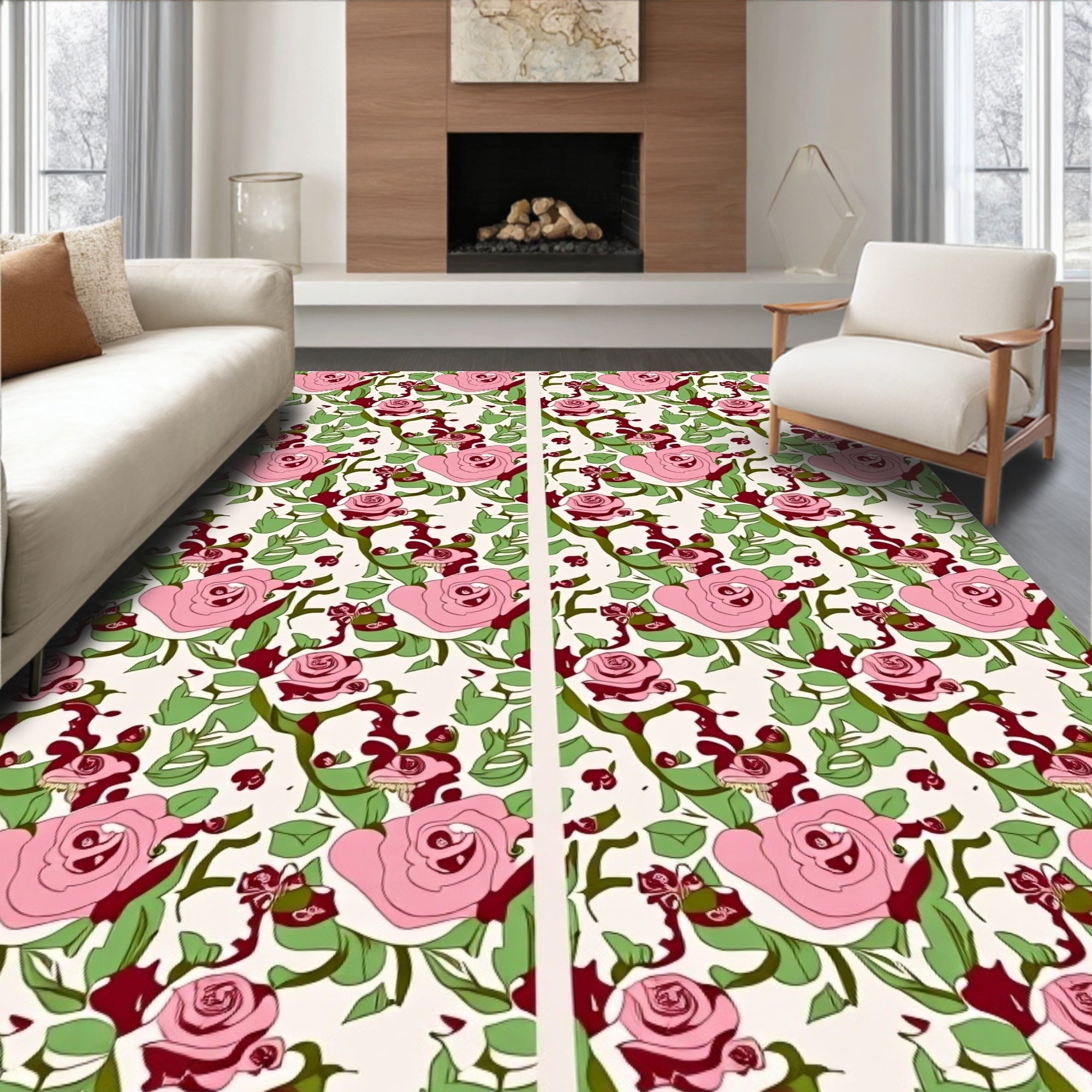 Whimsical Pink Floral Vine Garden Rug
