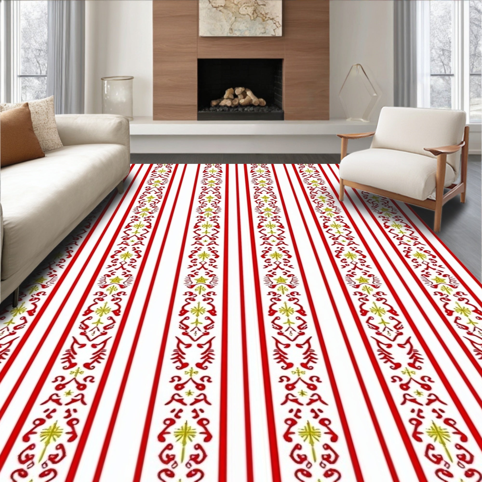 Red Gold Vertical Ornate Stripe Rug