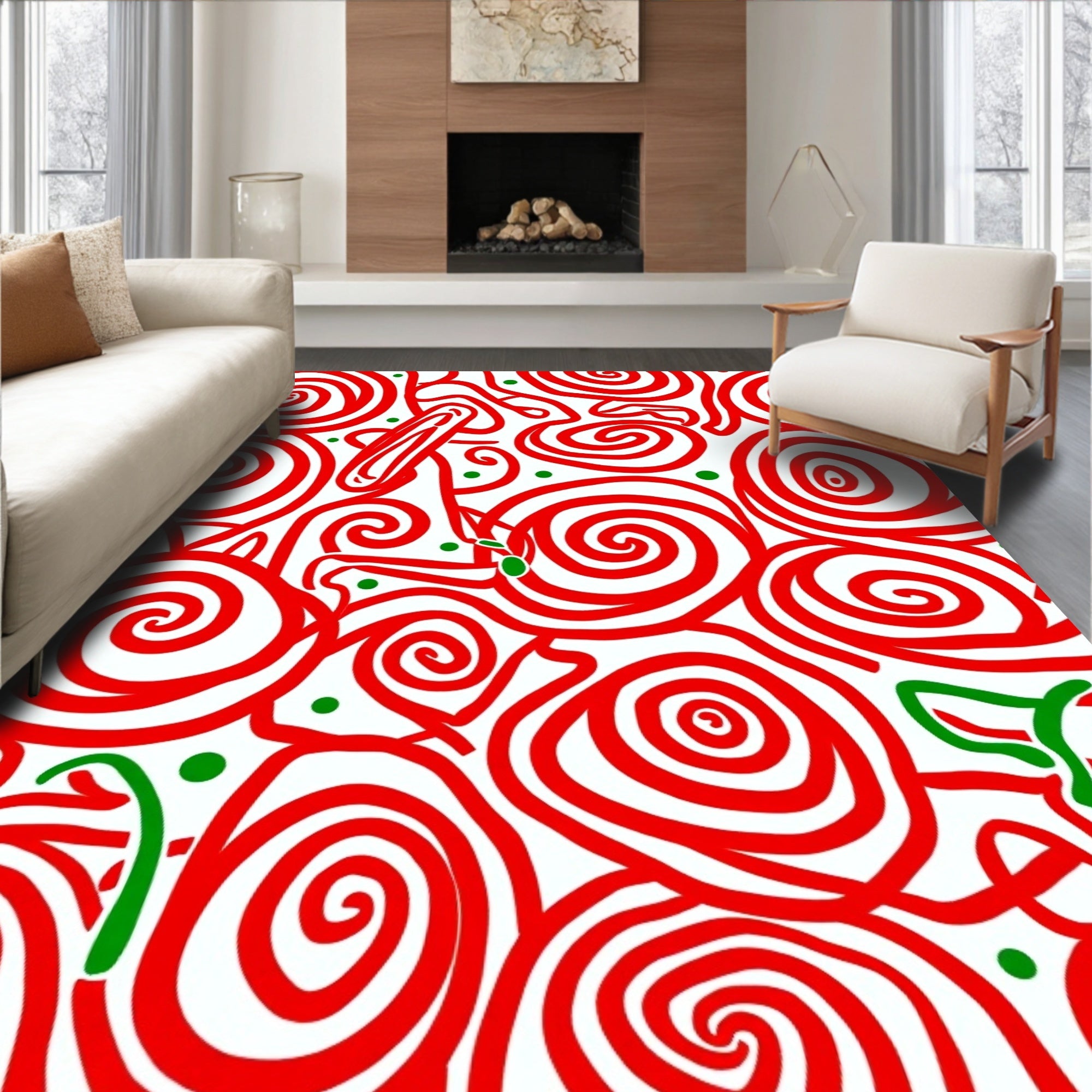 Red Swirls With Green Dots Accent Rug