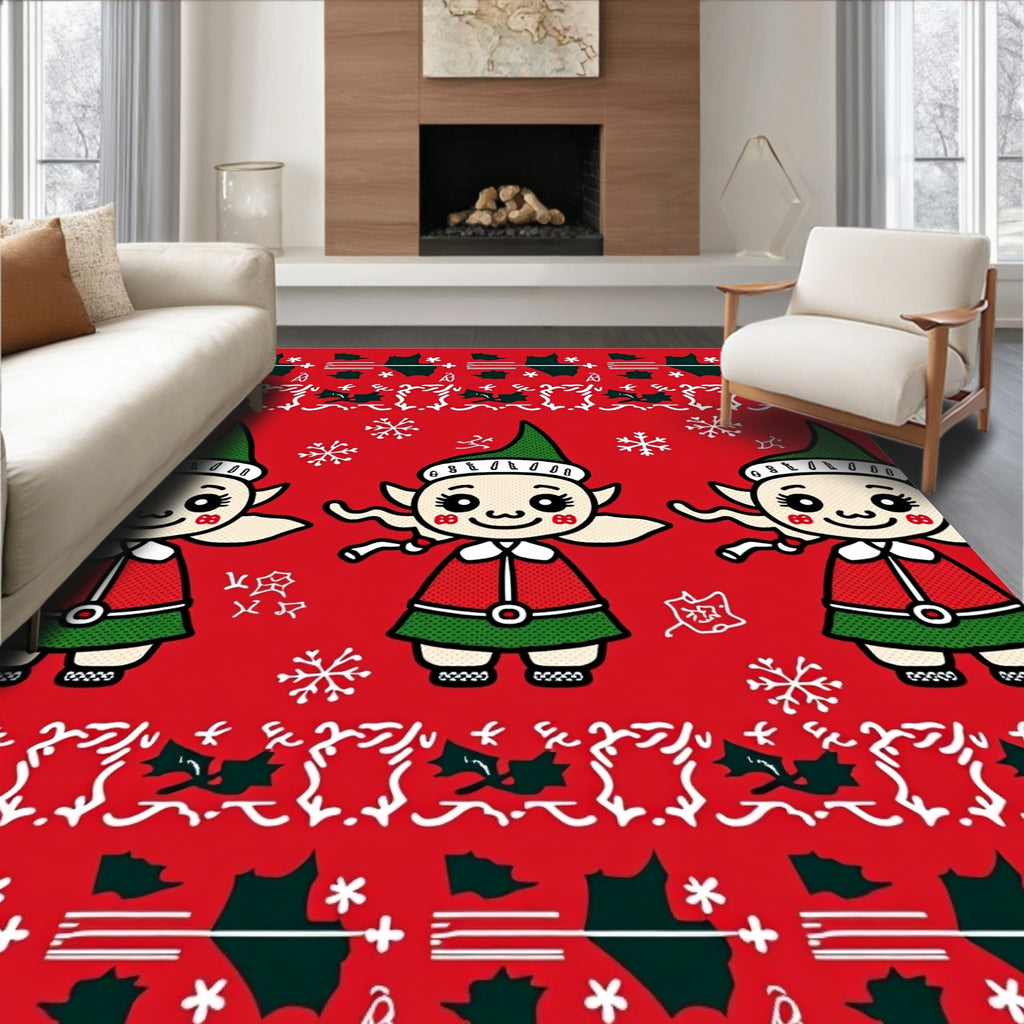 Playful Red Elf Characters Snowflake Border Rug