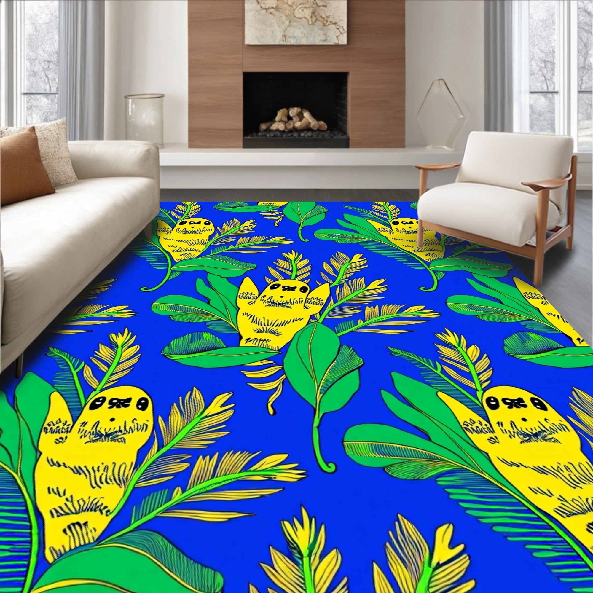 Vibrant Yellow Creatures Tropical Leaves Rug