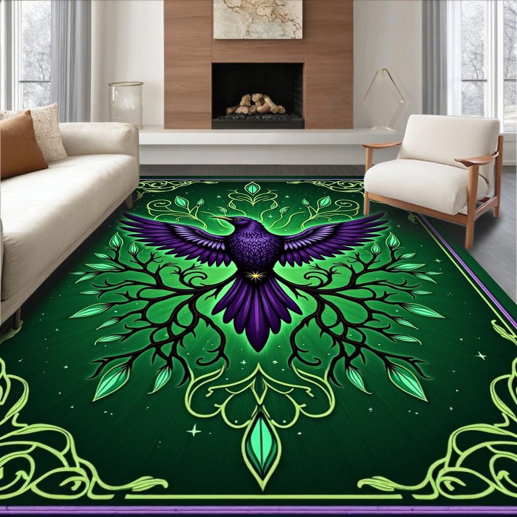 Enchanted Purple Bird Emerald Garden Rug