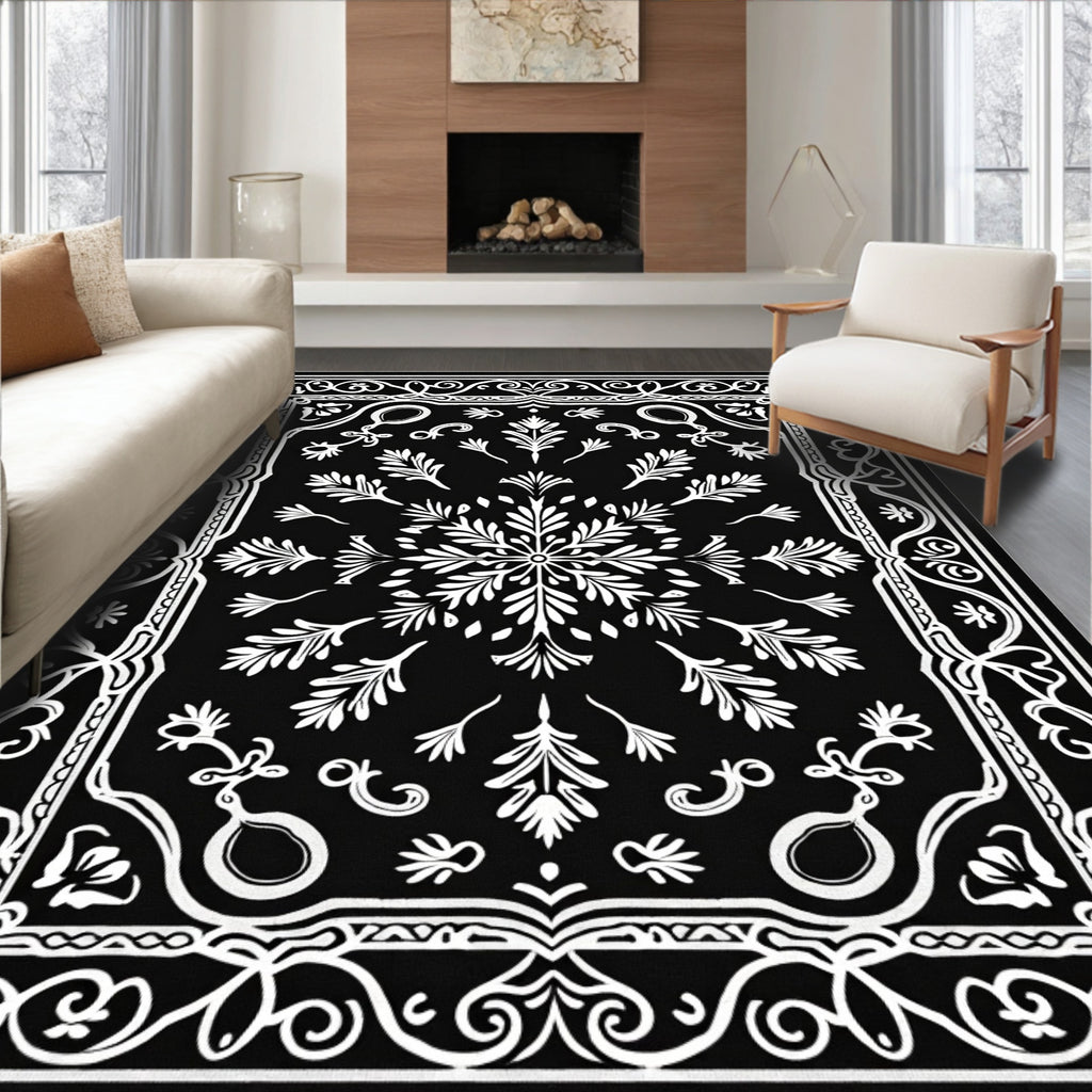 Monochromatic Black White Floral Medallion Rug