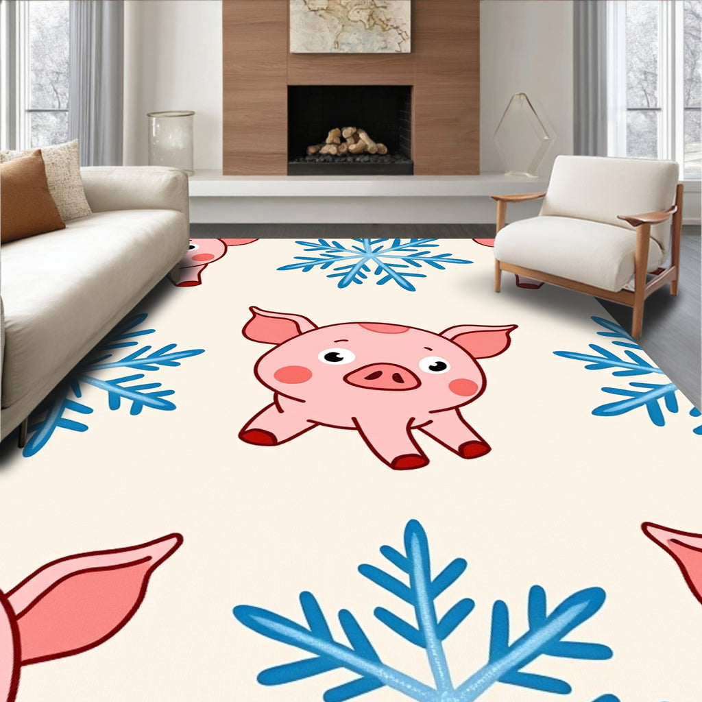 Cute Pink Pigs And Blue Snowflakes Rug
