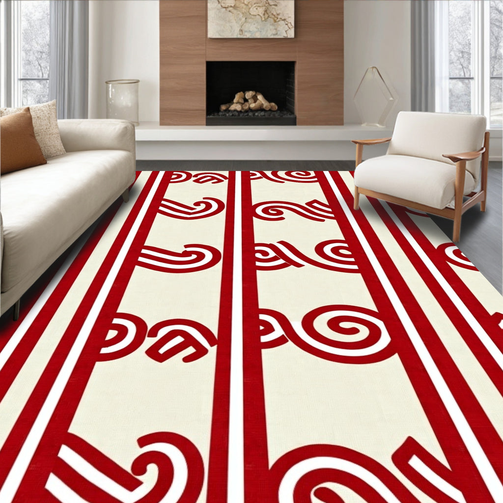 Red Cream Stripe Swirl Rug