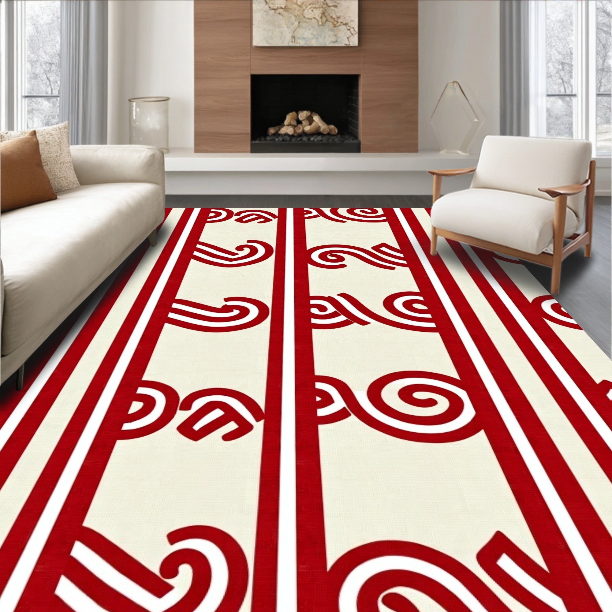 Red Cream Stripe Swirl Rug