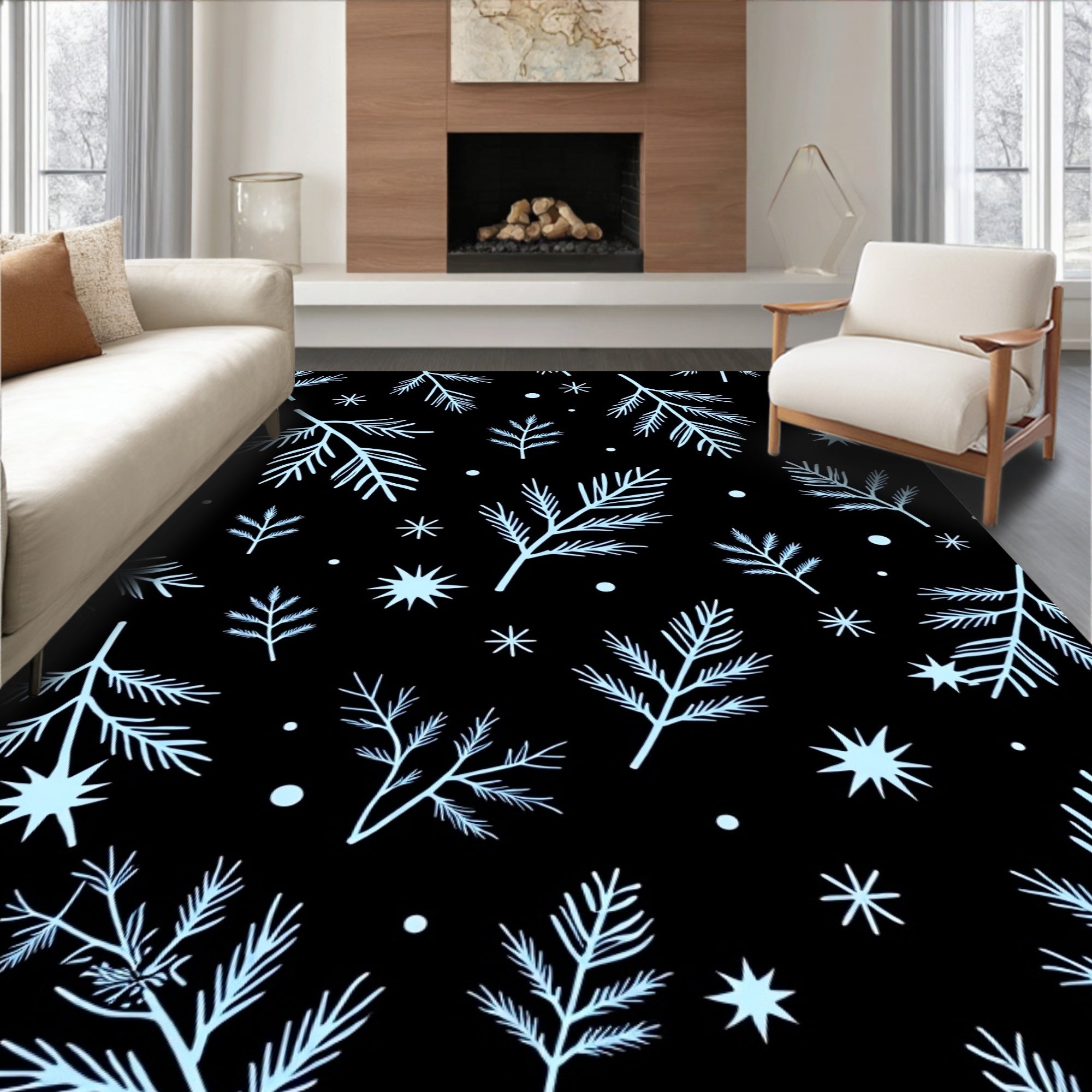 Light Blue Winter Branch Stars Rug