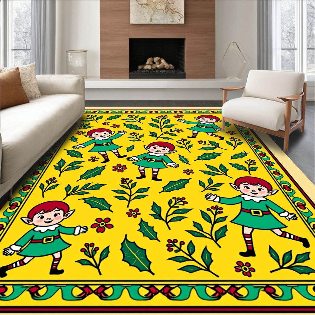 Whimsical Elf Holly Garland Yellow Rug
