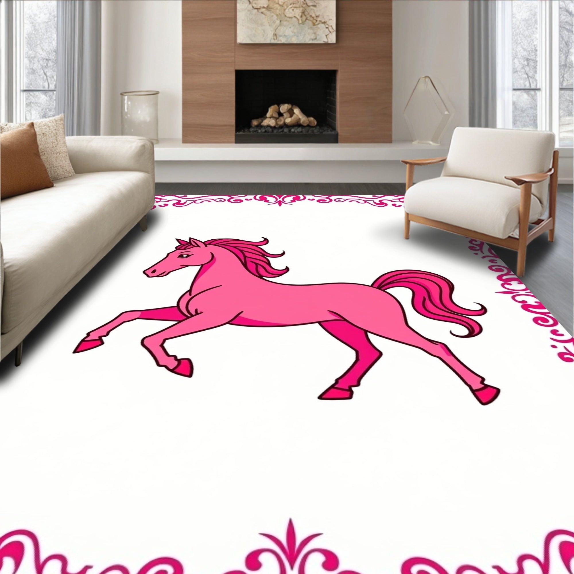 Pink Horse In Baroque Frame Rug