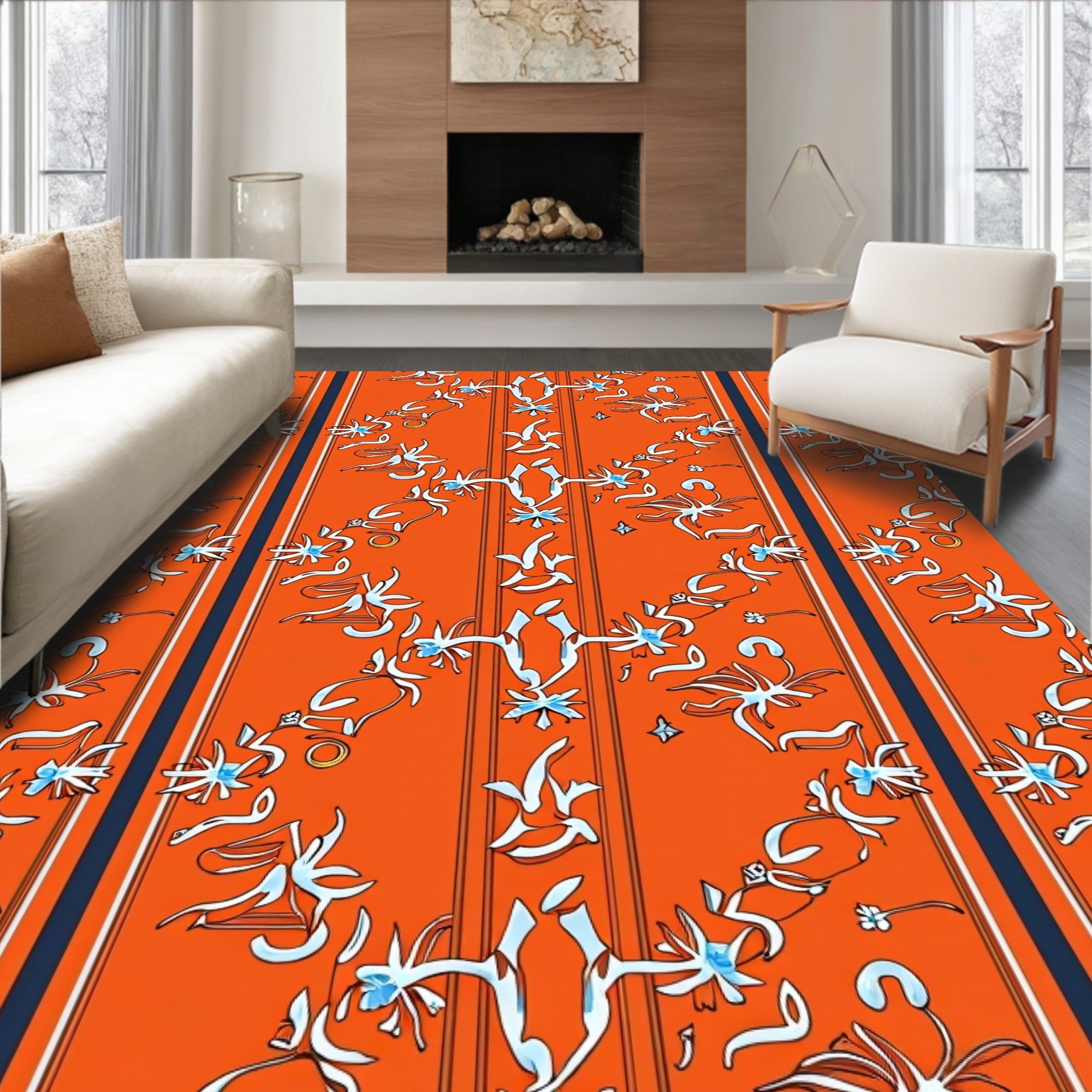 Bright Orange Floral Scroll Stripe Rug