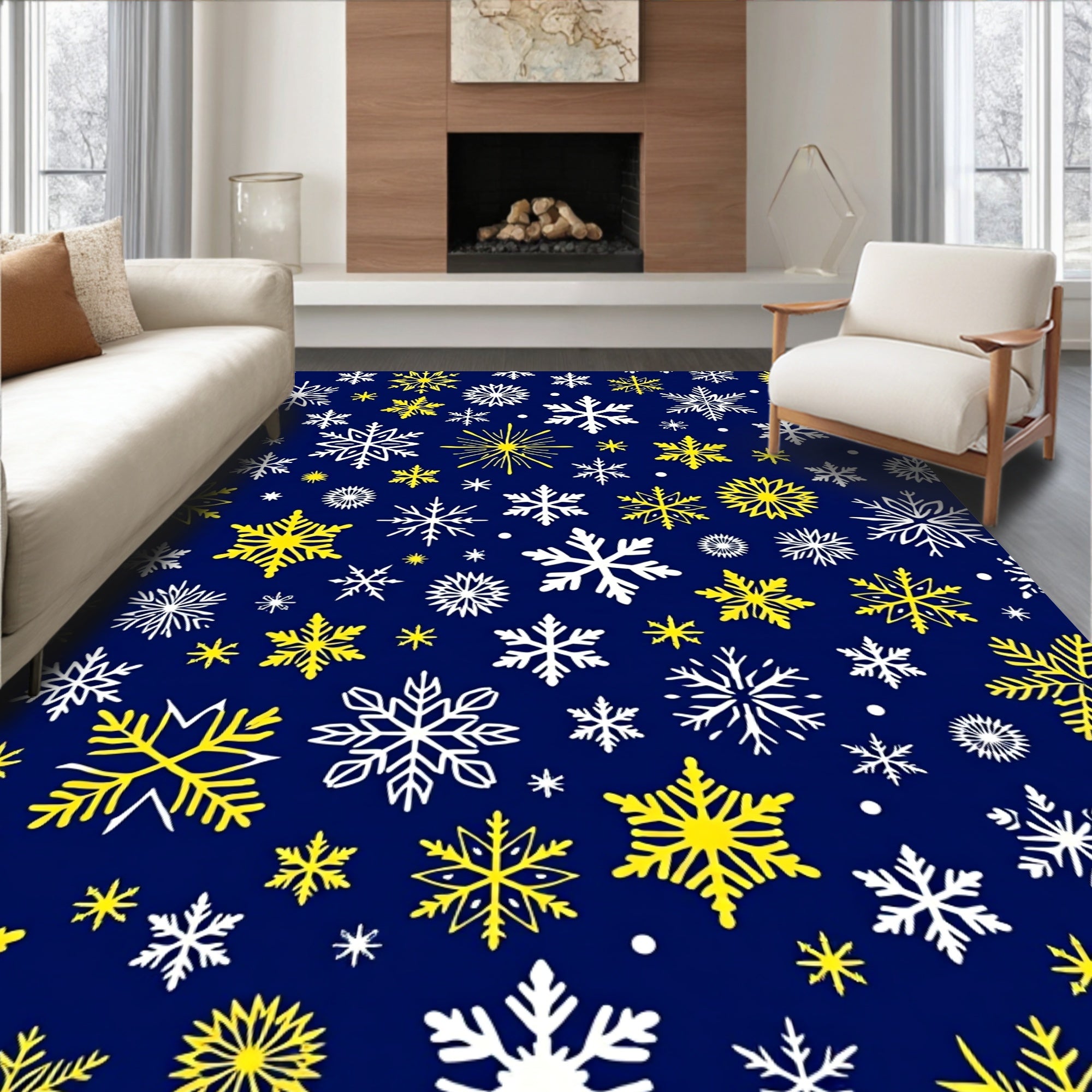 White Yellow Snowflake Holiday Snow Rug