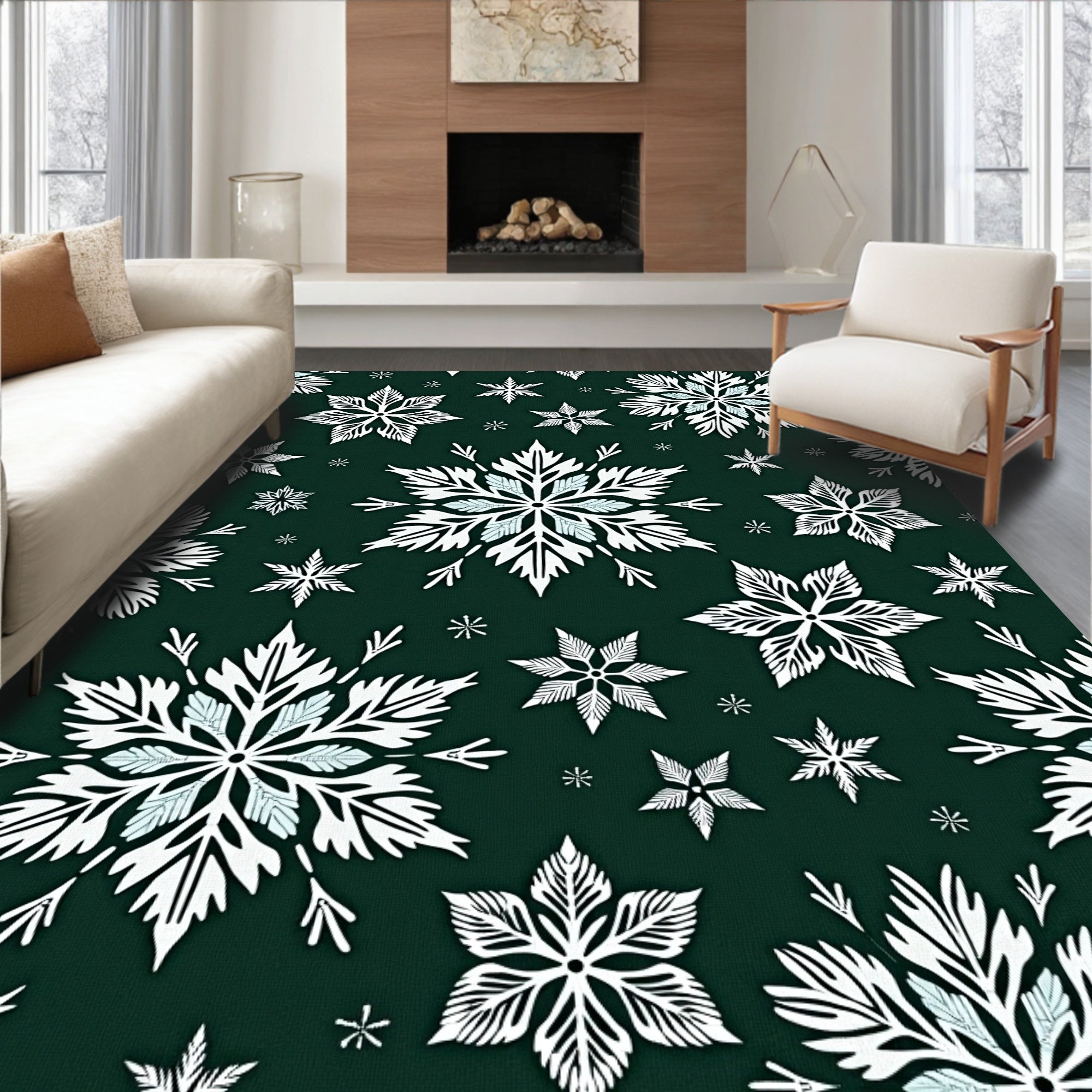 Winter White Snowflake Forest Green Rug
