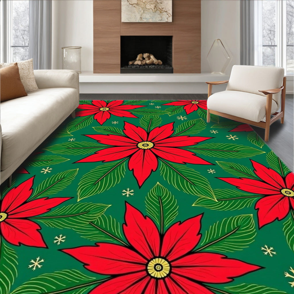 Bold Red Poinsettia Green Snowflakes Rug