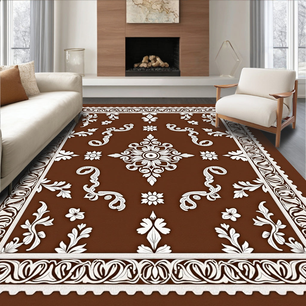 Rich Brown White Ornate Floral Medallion Rug