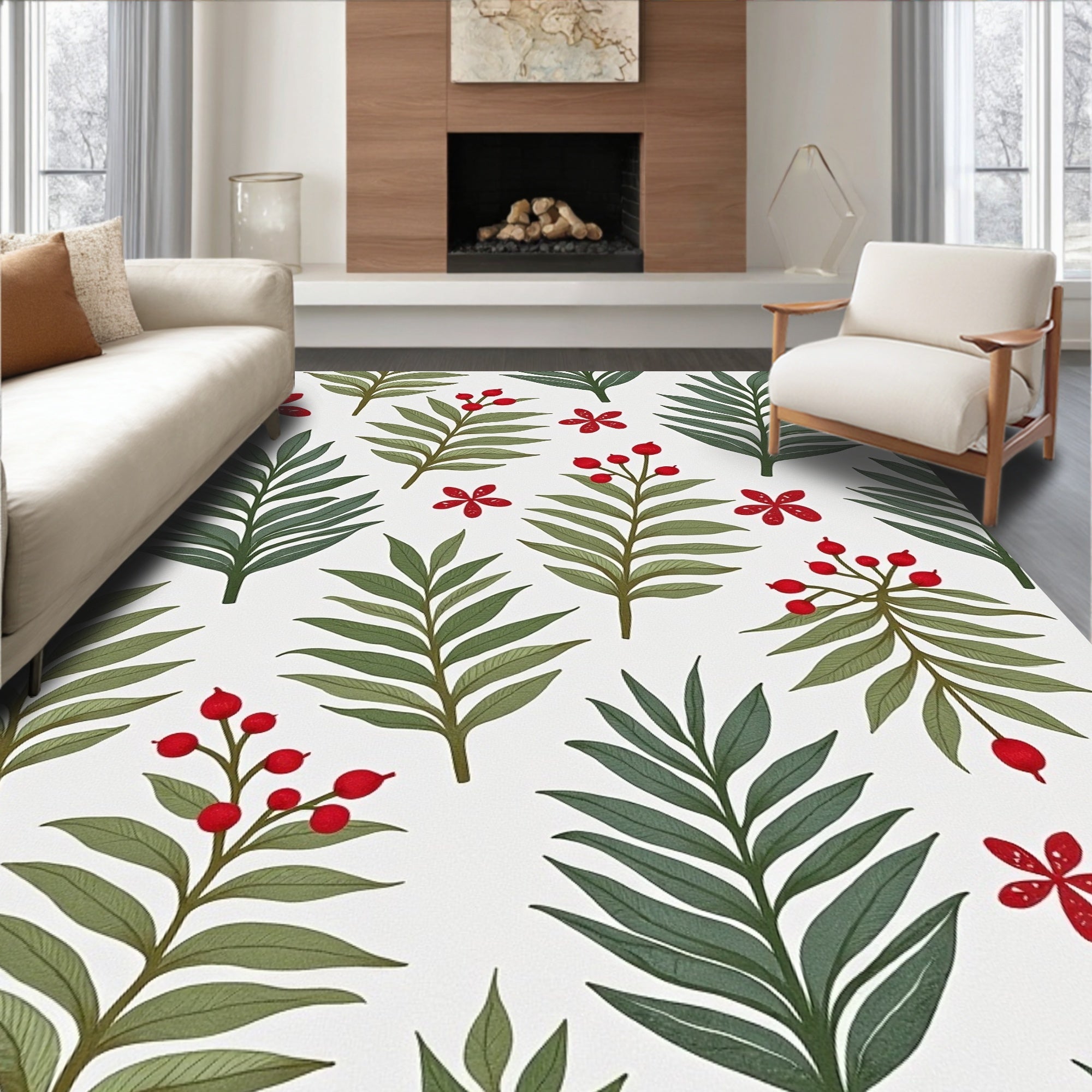 Green Leaf Red Berry Floral Cluster Rug