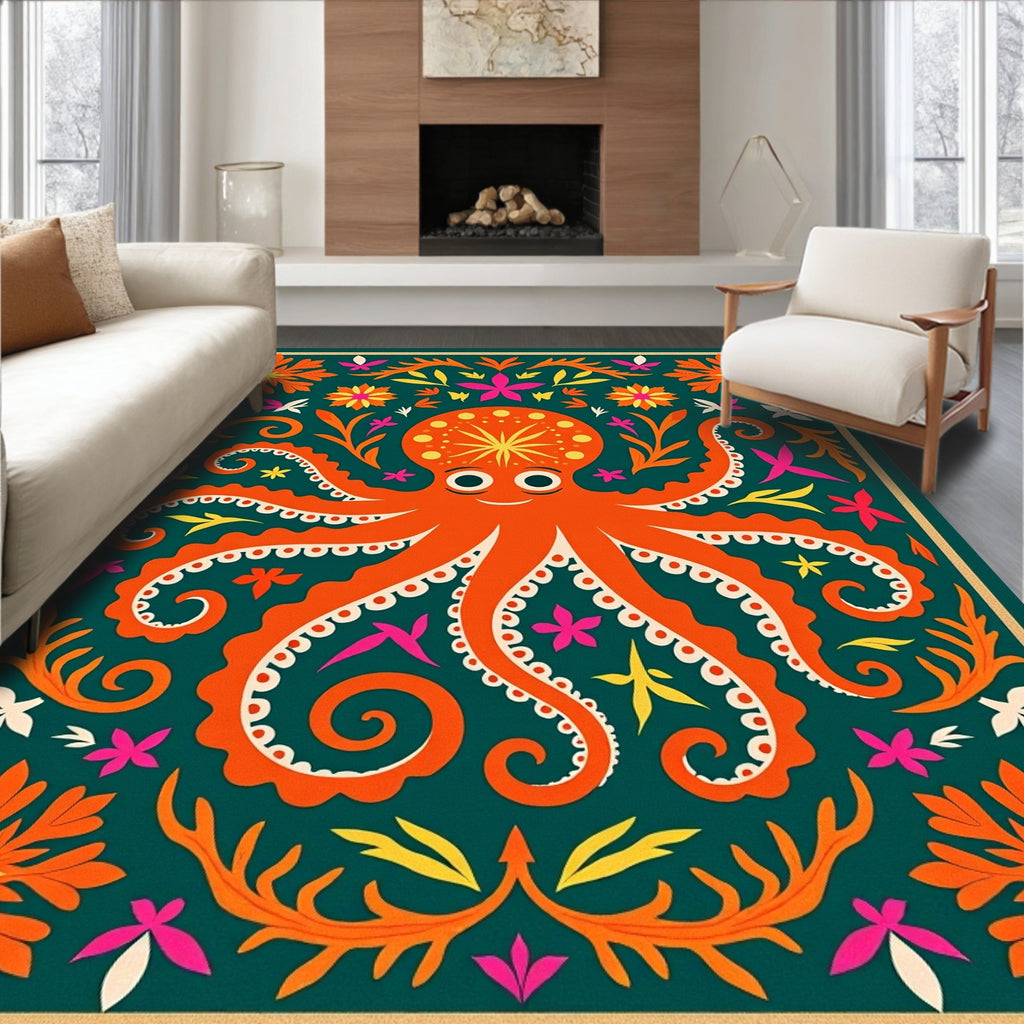 Whimsical Orange Octopus Folk Art Rug