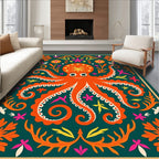 Whimsical Orange Octopus Folk Art Rug