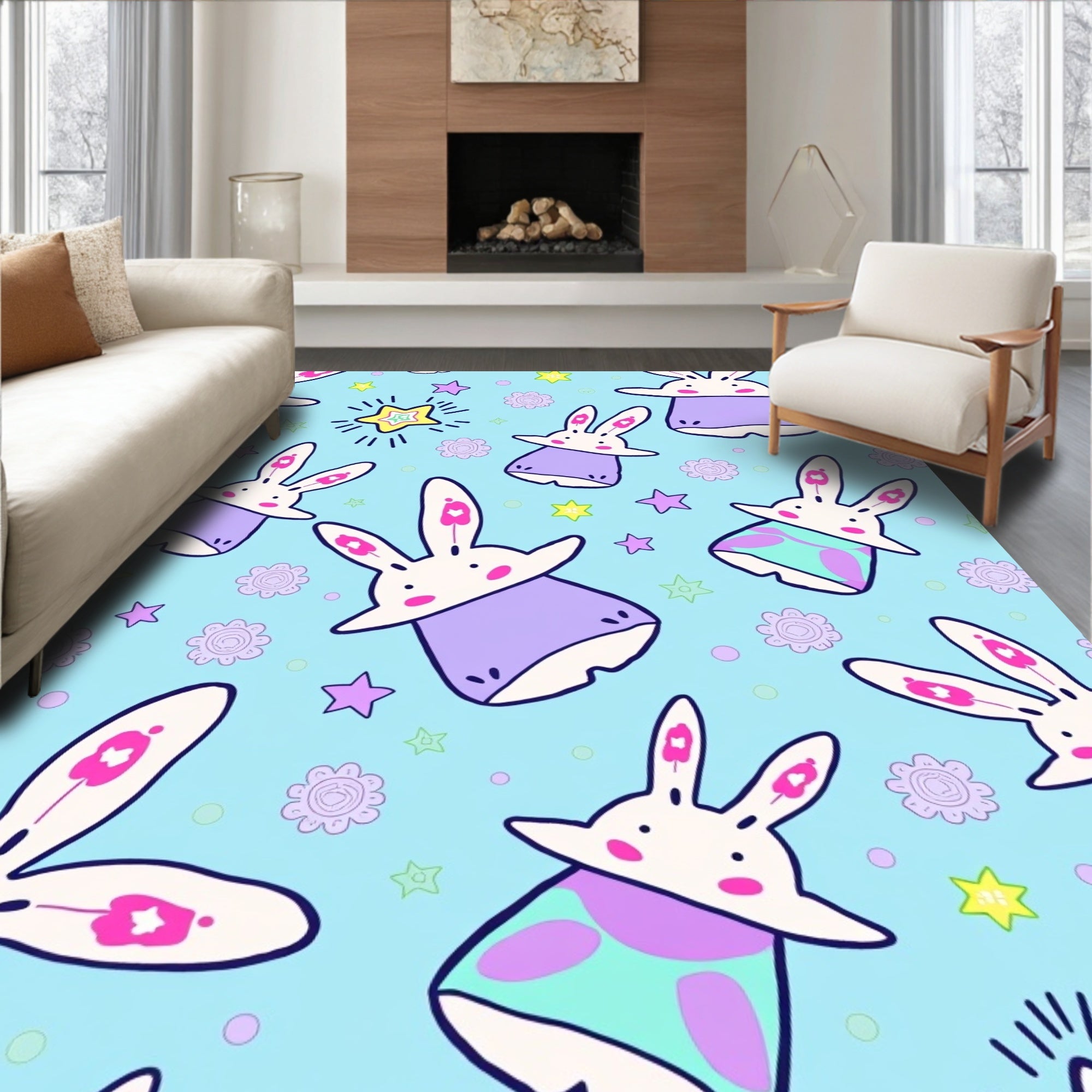 Whimsical Bunny Stars Floral Shower Rug