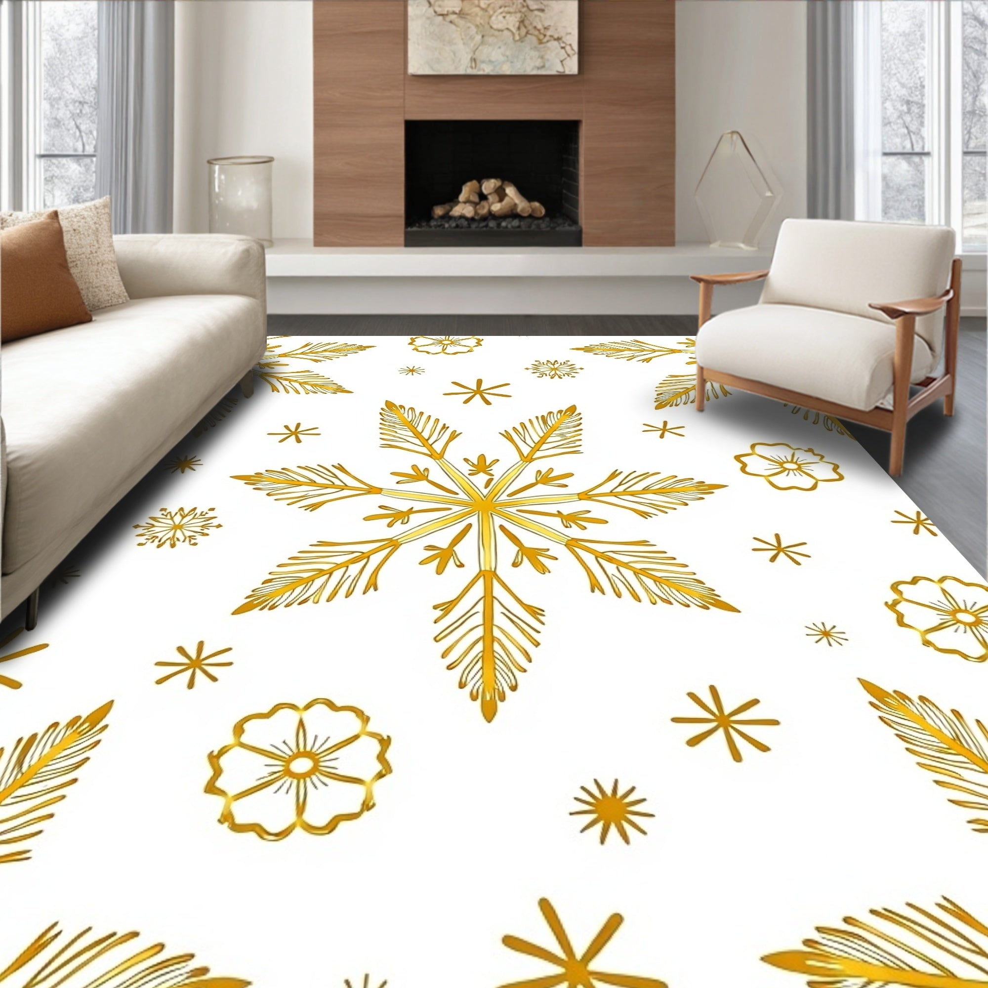 Golden Winter Snowflake Holiday Elements Rug