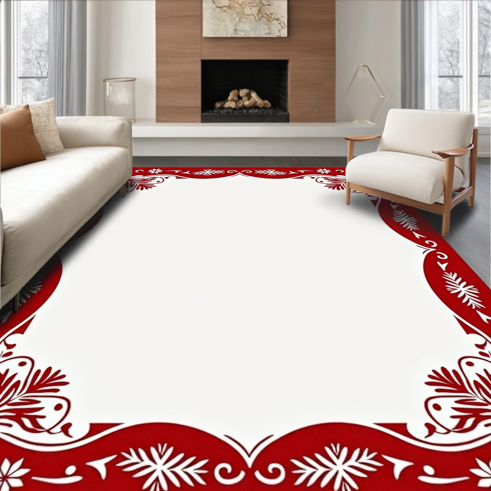 Crimson Floral And Snowflake Border Rug