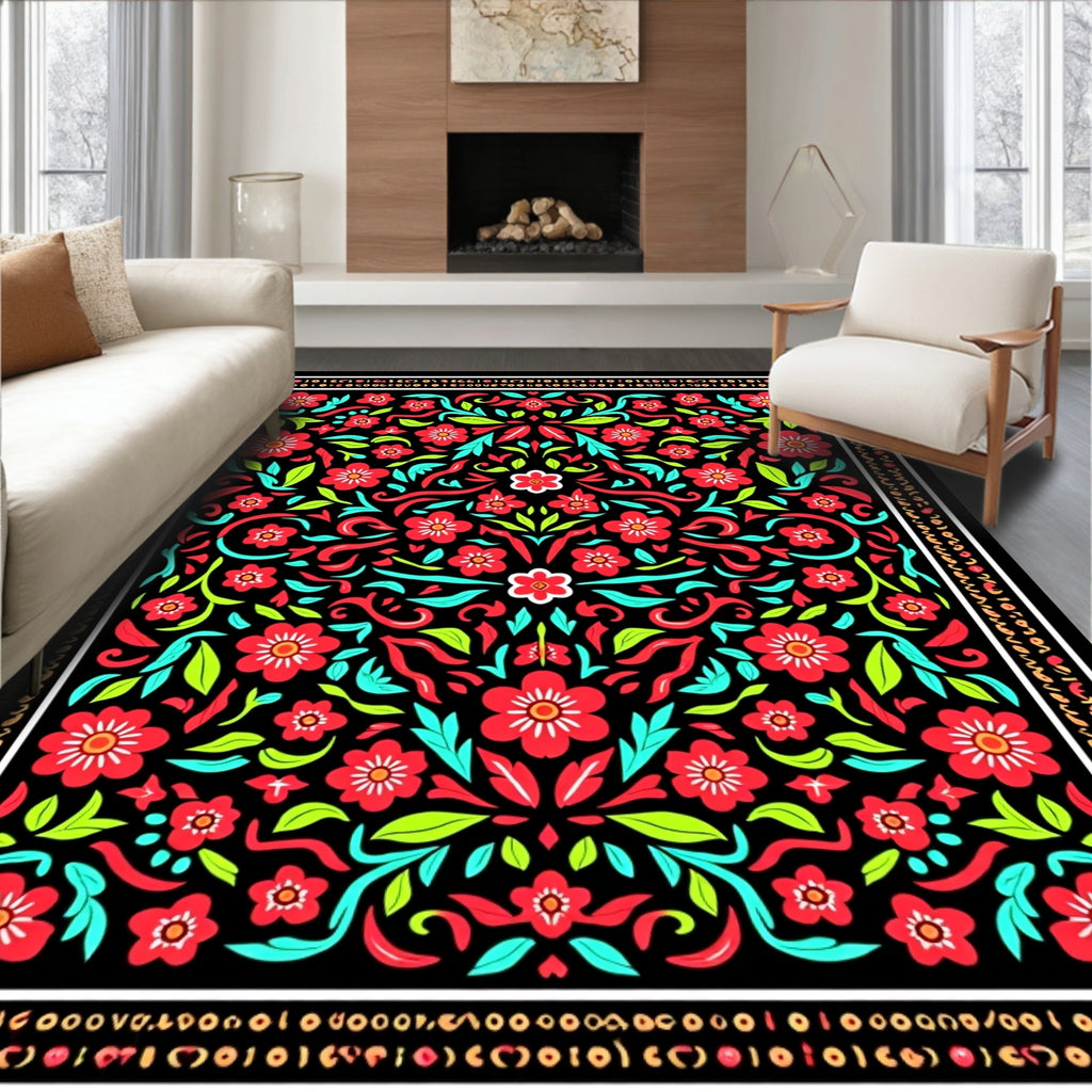Bold Red Floral Garden Tapestry Rug