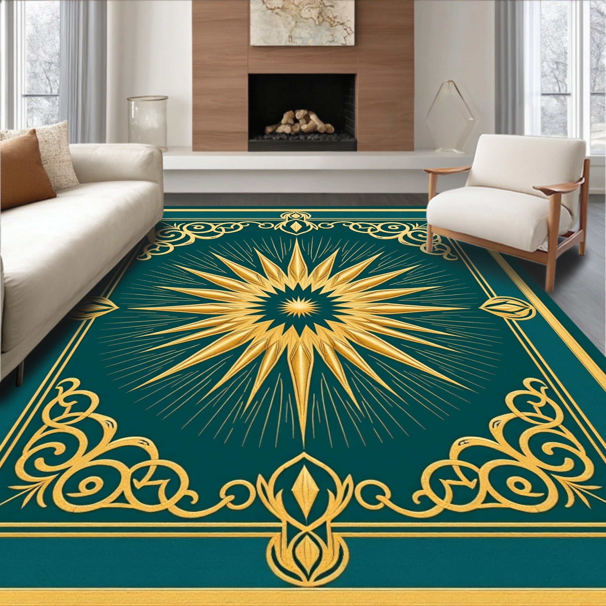 Golden Sunburst Emerald Border Rug