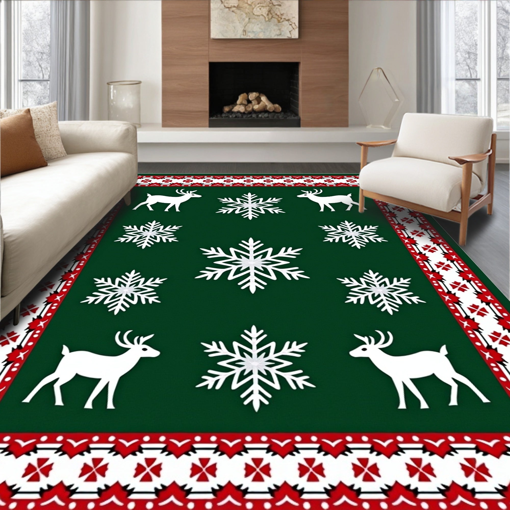 Aged Red Deer Snowflakes Border Rug