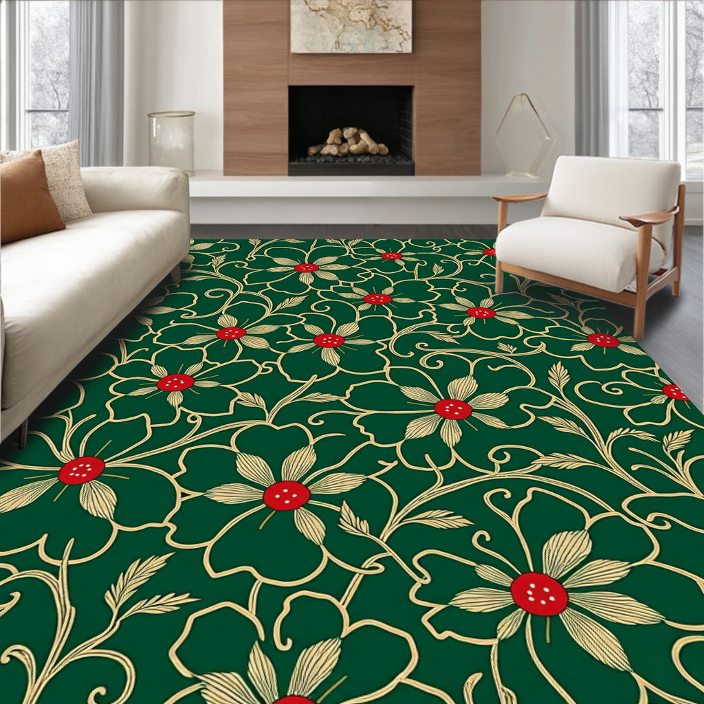 Emerald Green Floral Vines Red Accents Rug