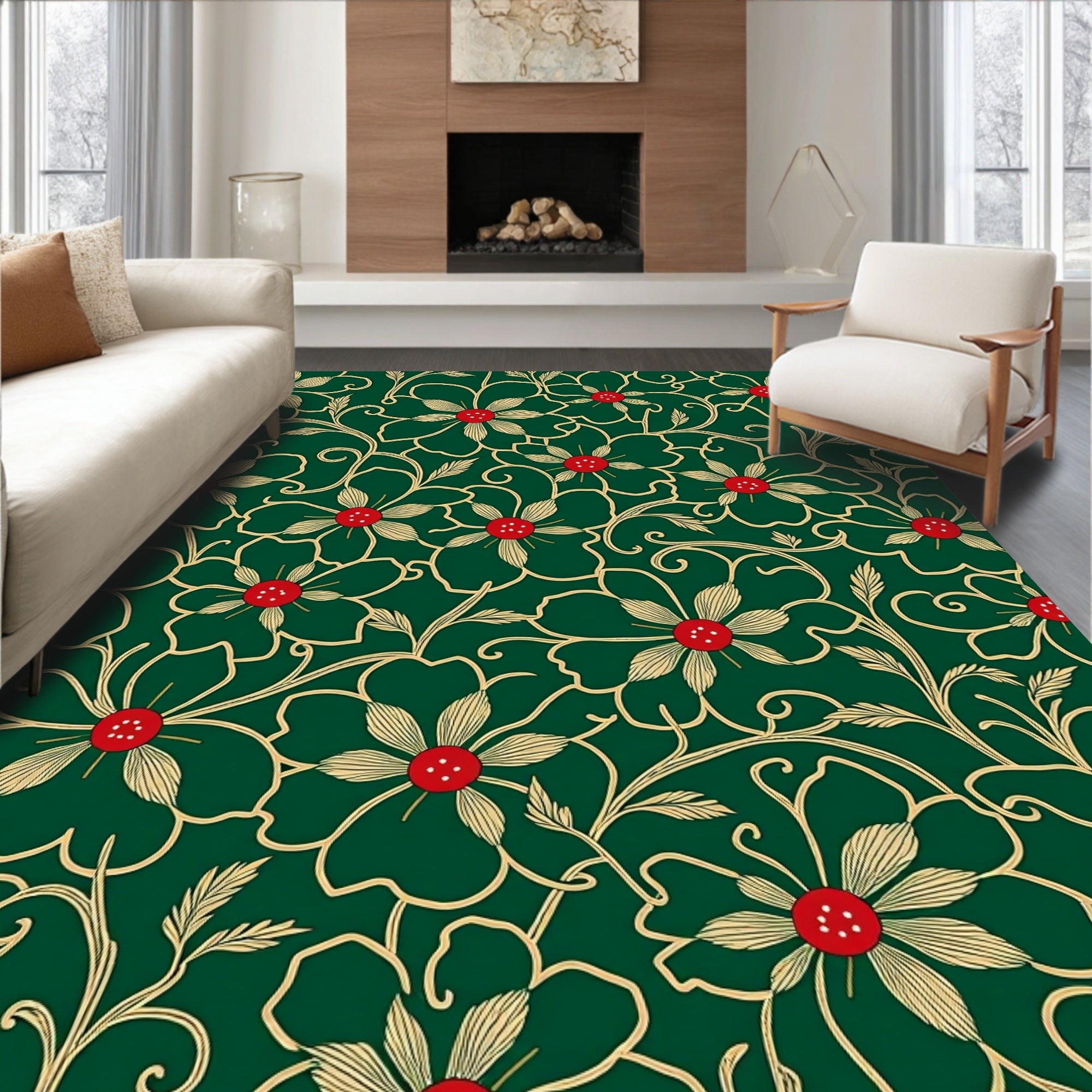 Emerald Green Floral Vines Red Accents Rug